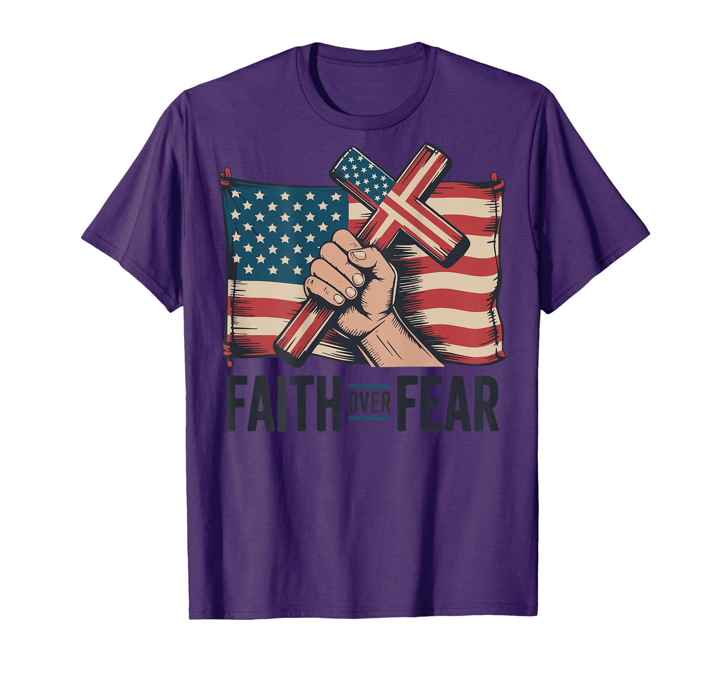American Flag Mens Christian Patriotic Cross Faith Over Fear T-Shirt