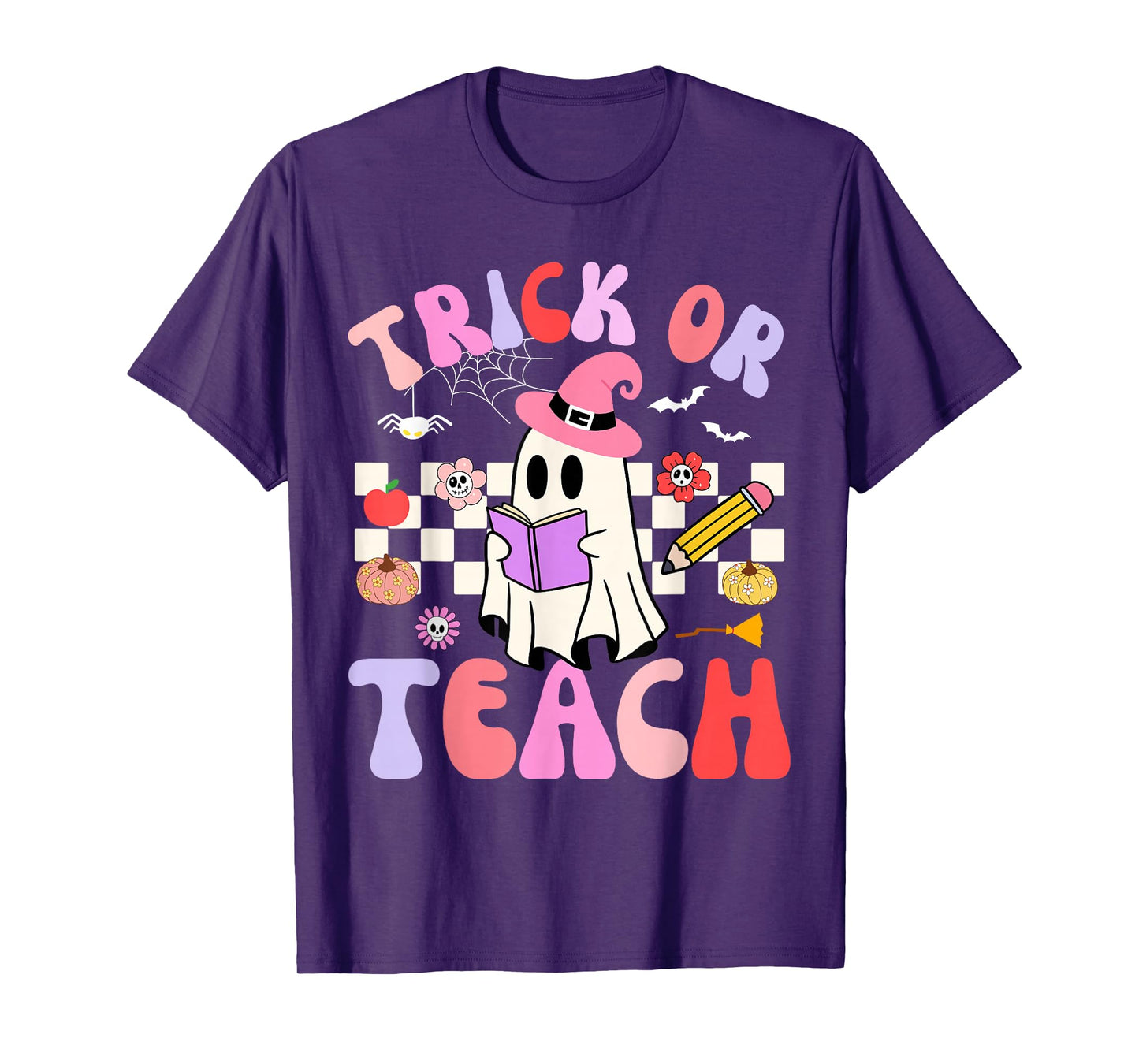 Trick Or Teach Halloween Teacher Floral Ghost Groovy T-Shirt
