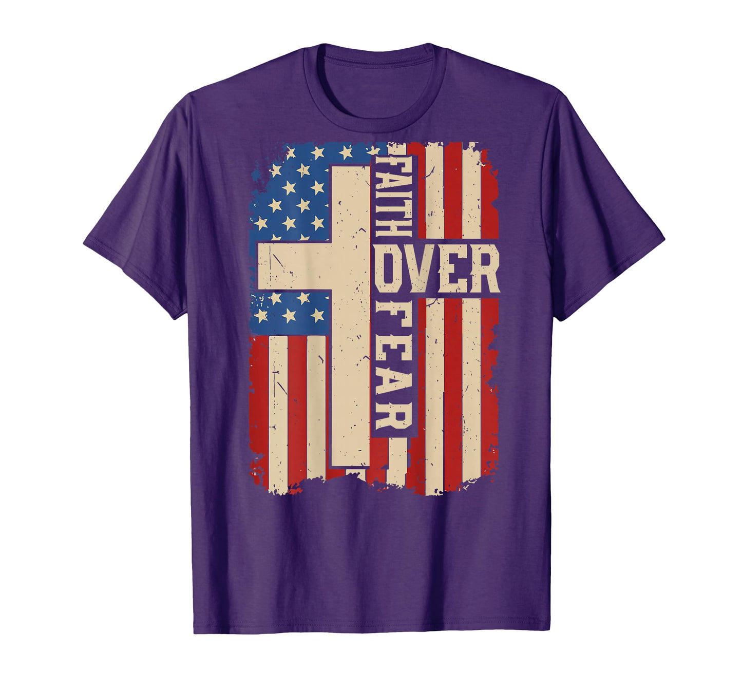 Mens American Flag Faith Over Fear Christian Patriotic Cross T-Shirt