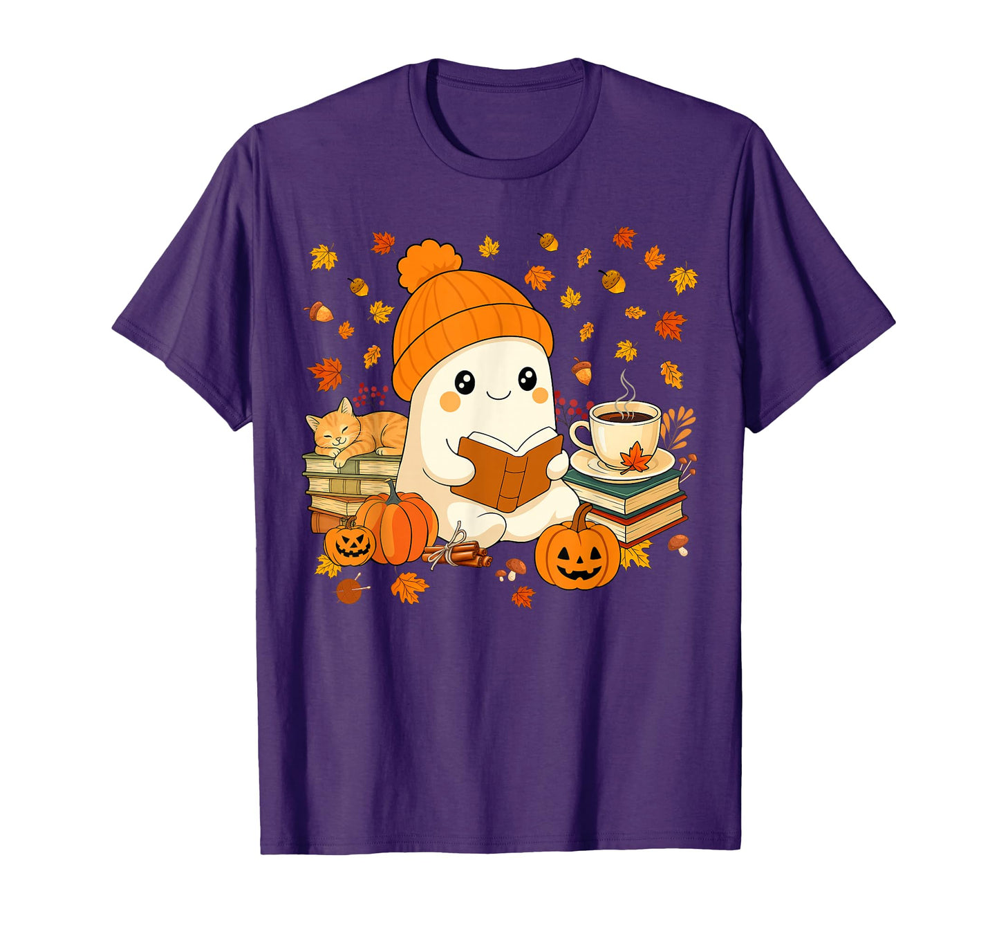 Cute Ghost Reading Book Lovers Autumn Fall Halloween Ghost T-Shirt