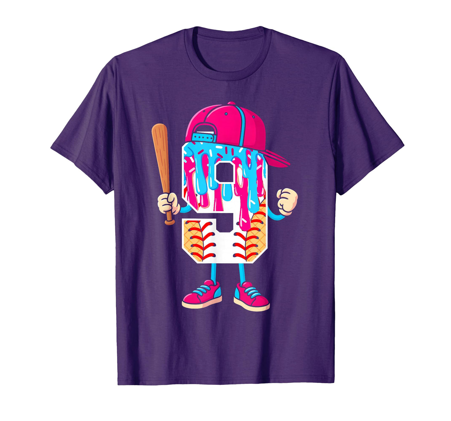 Baseball 9 Year Old Ice Cream Drip 9th Birthday Boy Number 9 T-Shirt