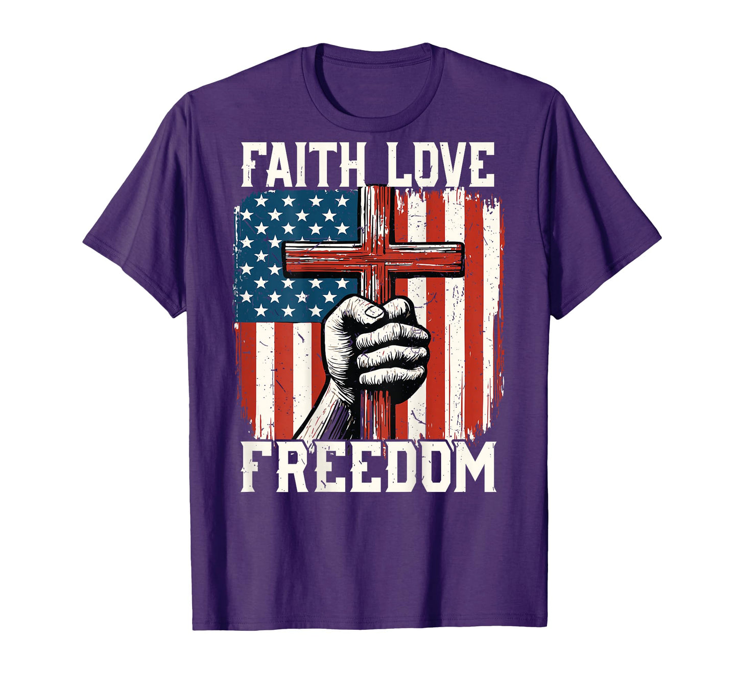 On-Back Faith Love Freedom Patriotic Christian Cross US Flag T-Shirt