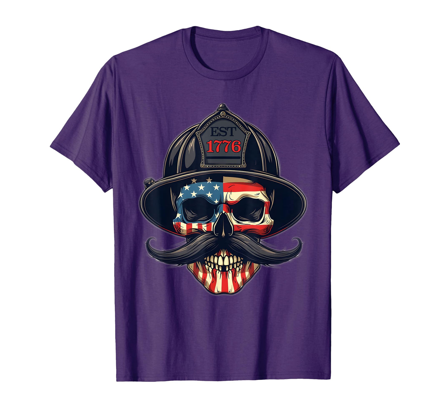 Firefighter Skull Mustache Fire Fighter Fireman USA Flag T-Shirt