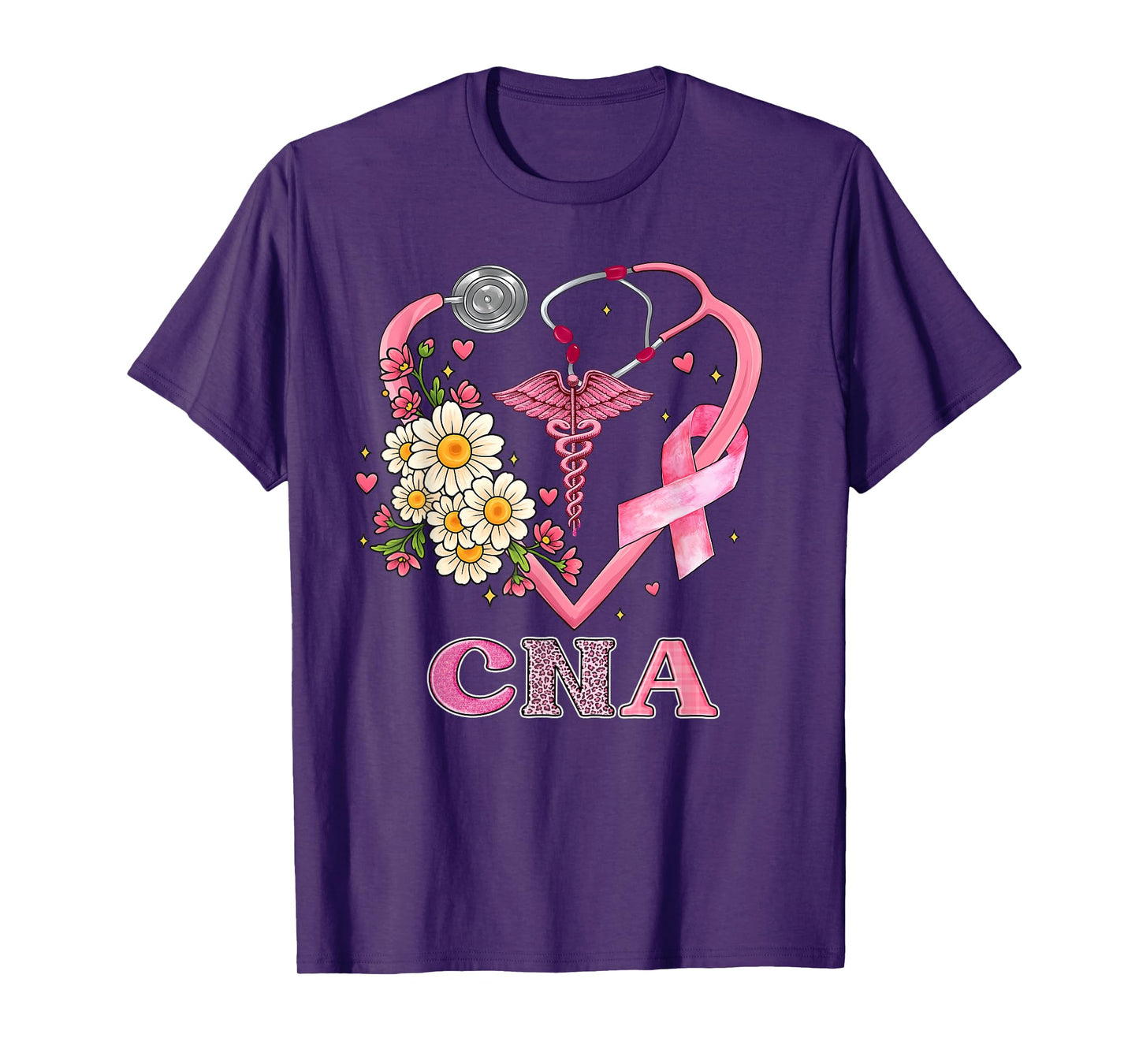 CNA Heart Pink Ribbon Stethoscope Breast Cancer Awareness T-Shirt