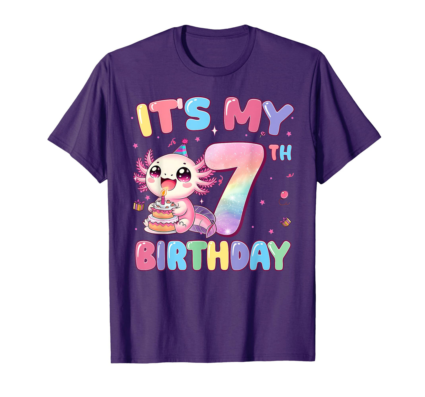 It's My 7th Birthday Girl Cute Axolotl 7 Year Old Bday Kids T-Shirt