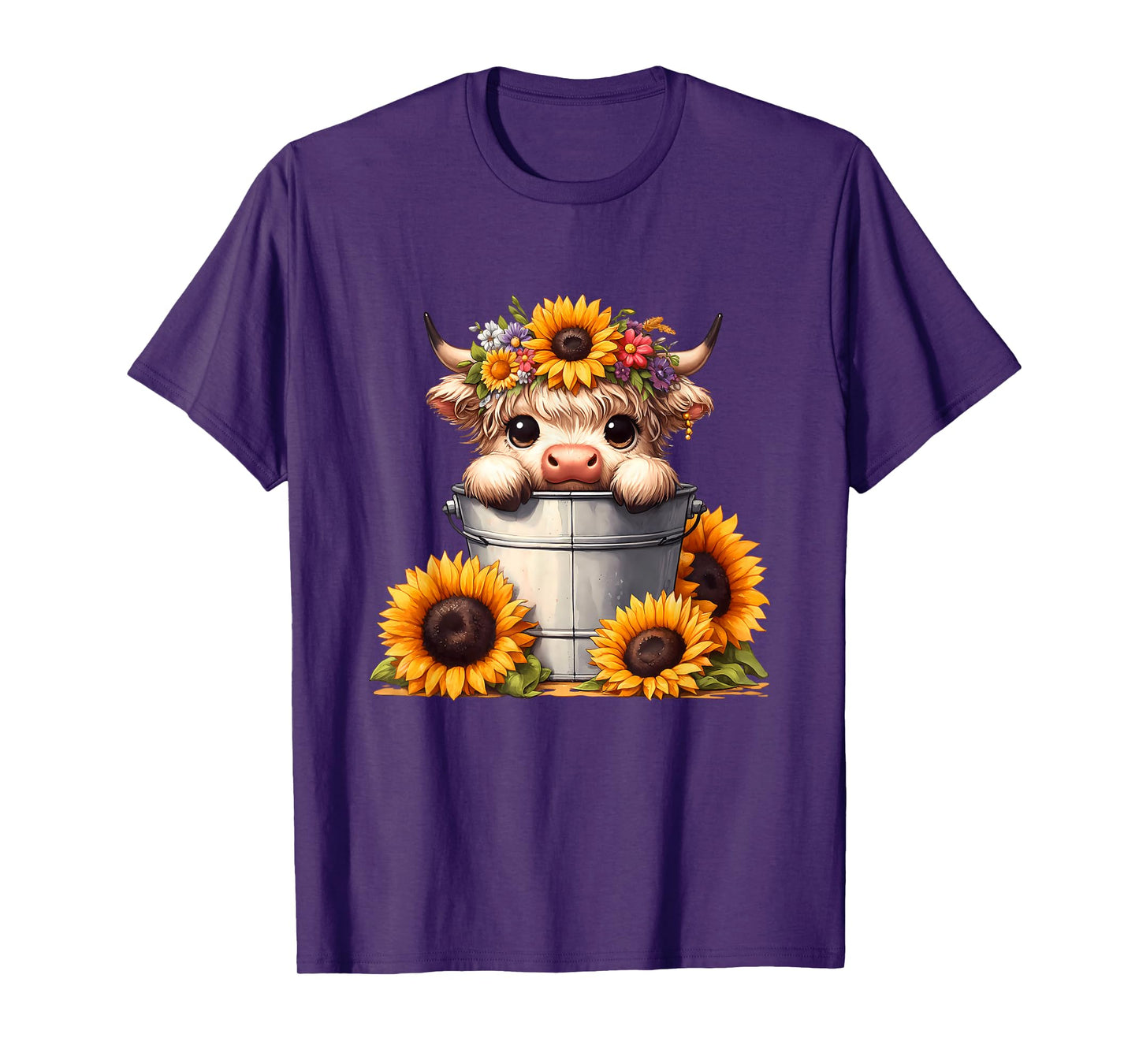 Cute Baby Highland Cow with Sunflowers in Bucket, Calf T-Shirt