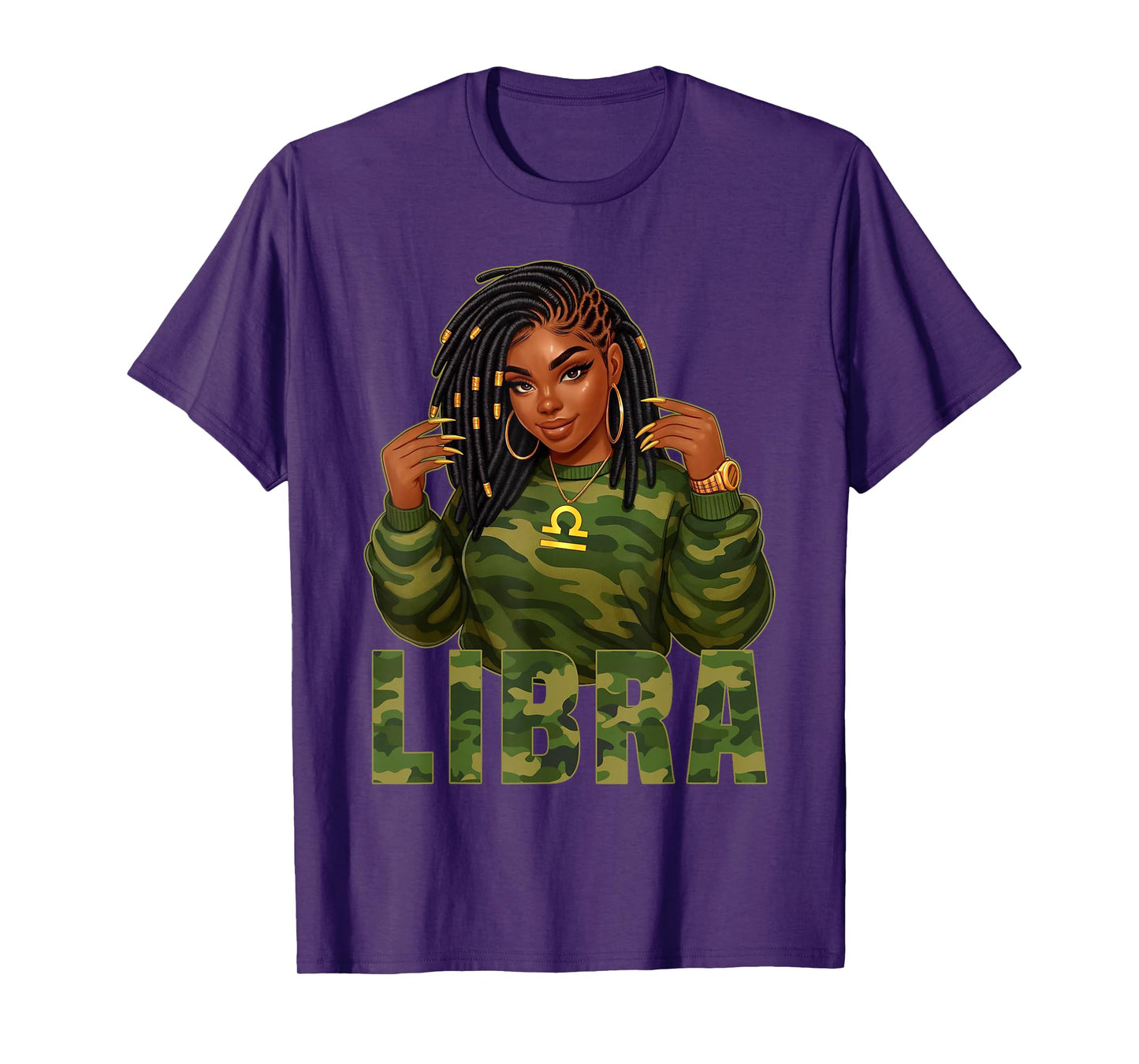 Libra Queen Loc'd Black Woman Camo Zodiac Sign T-Shirt