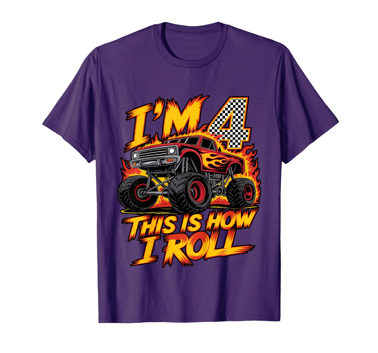 Monster Truck 4th Birthday 4 Year Old Boy Born 2021 Kids T-Shirt