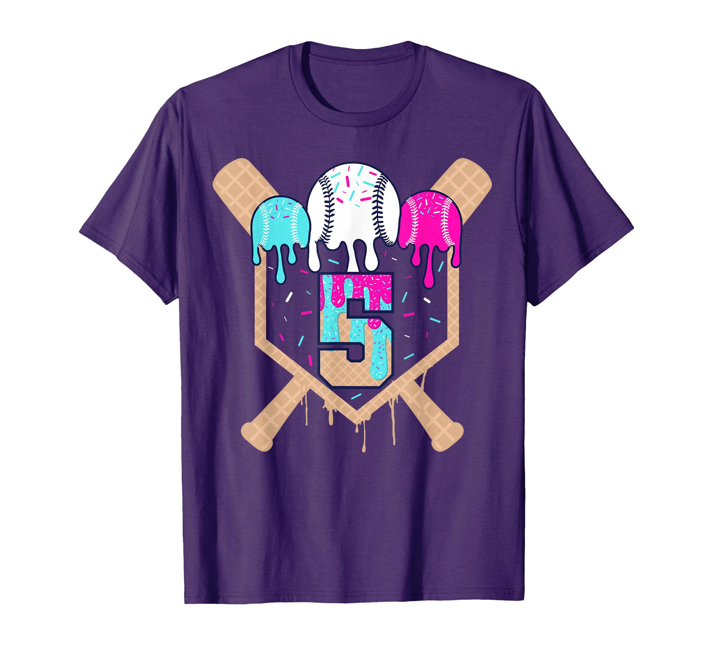Baseball 5 Year Old Ice Cream Drip 5th Birthday Boy Number 5 T-Shirt