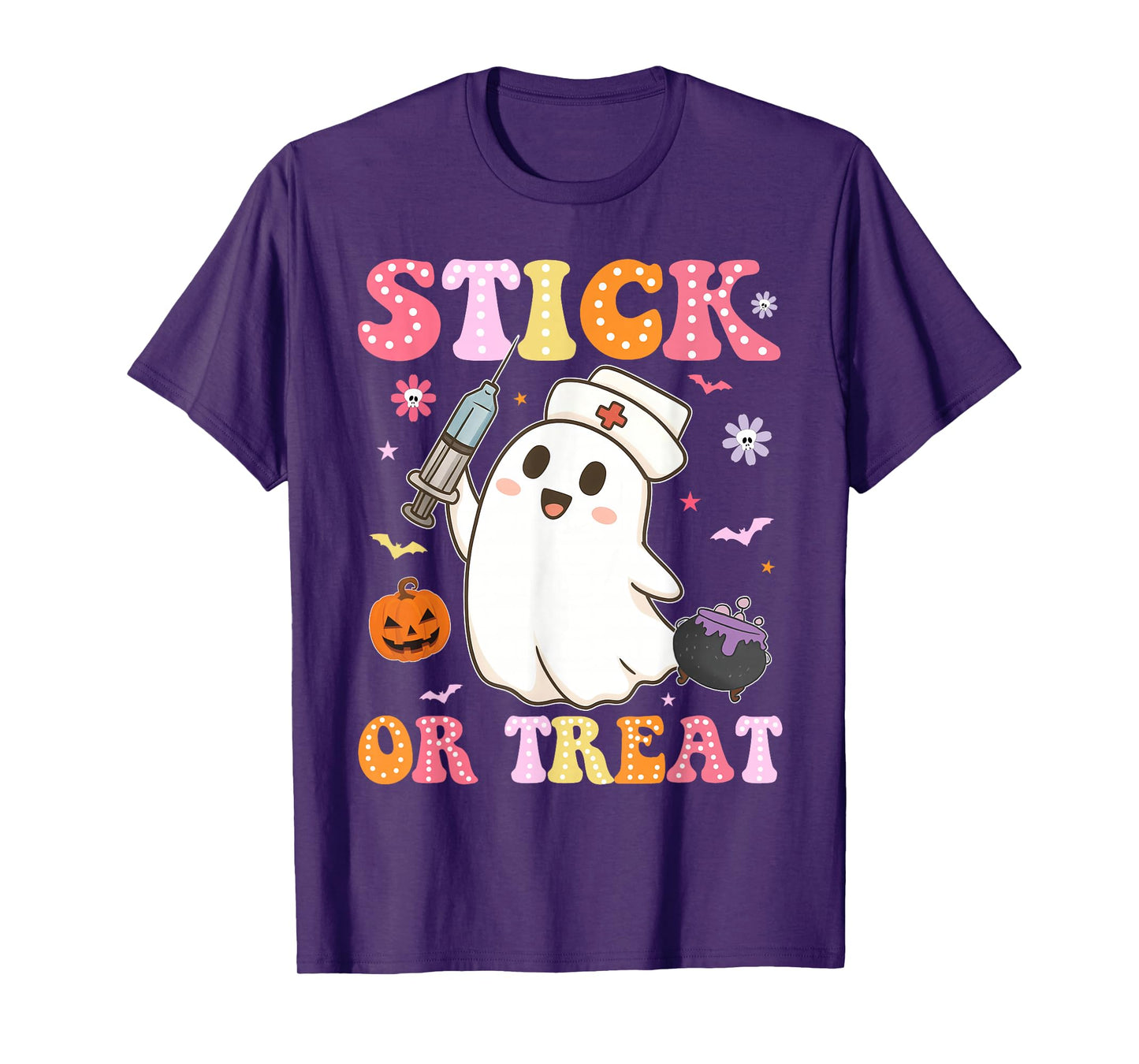 Funny Stick Or Treat Cute Nurse Ghost Halloween Crew Women T-Shirt