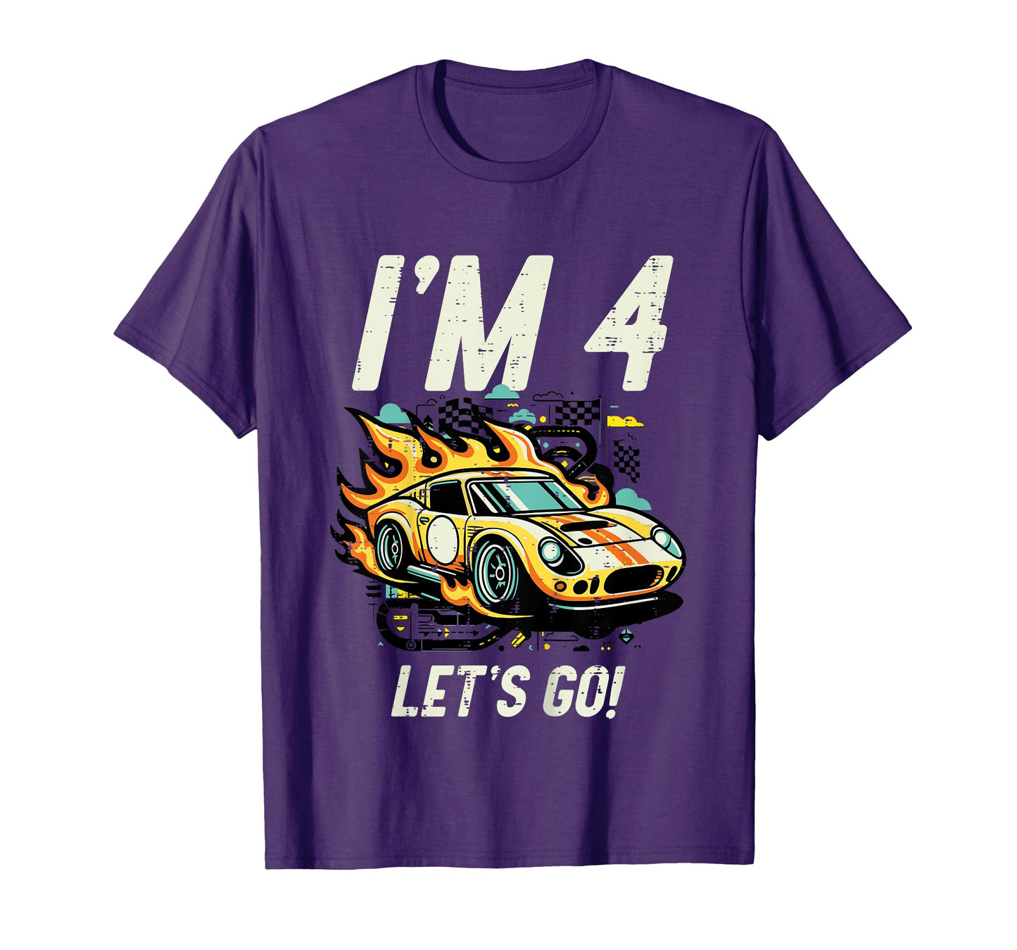 Kids 4th Birthday Im 4 Lets Go Race Car Four Year Old Bday Boys T-Shirt