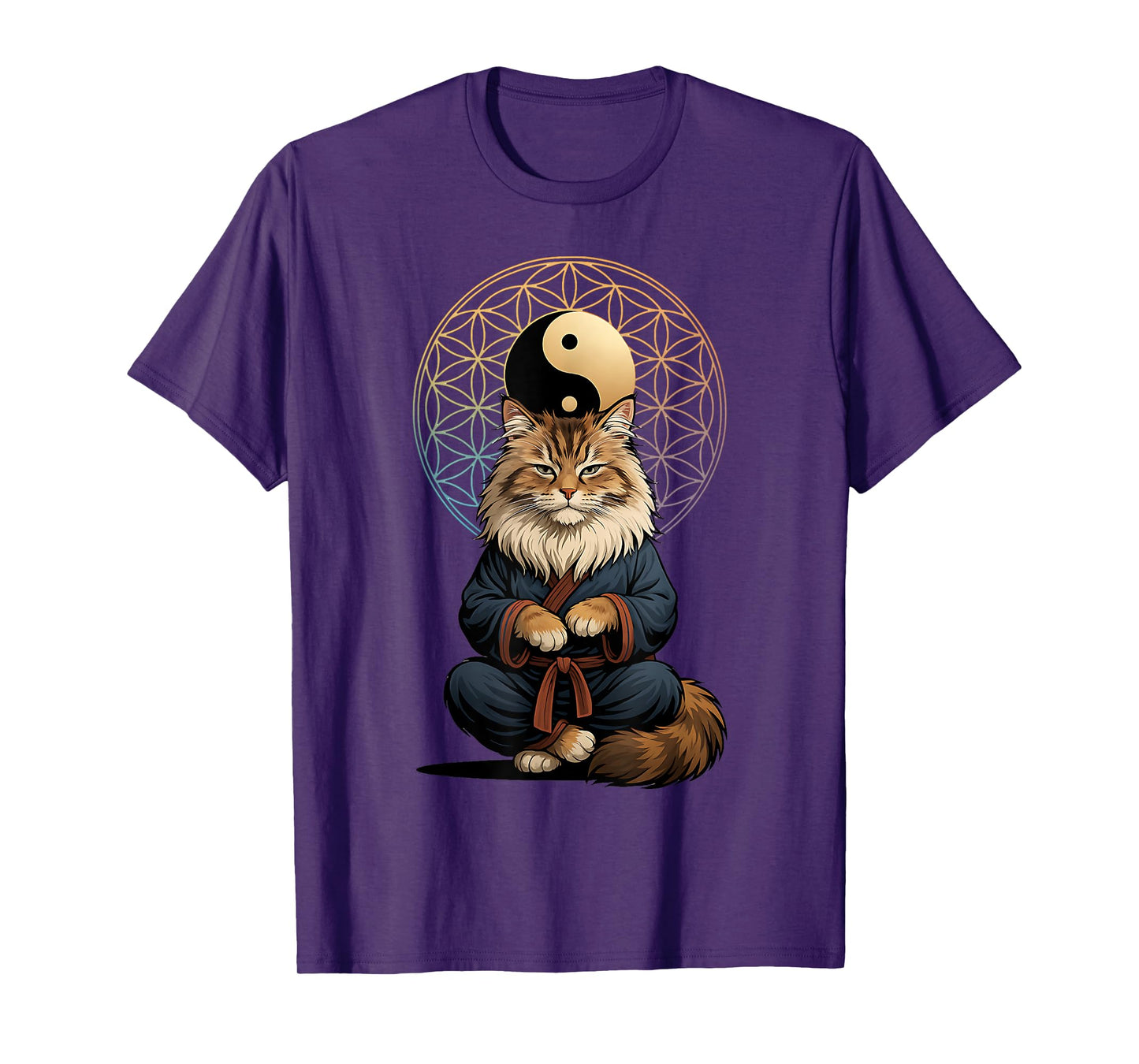 Tai Chi Cat Yin Yang Flower of Life Martial Arts Mainecoon T-Shirt