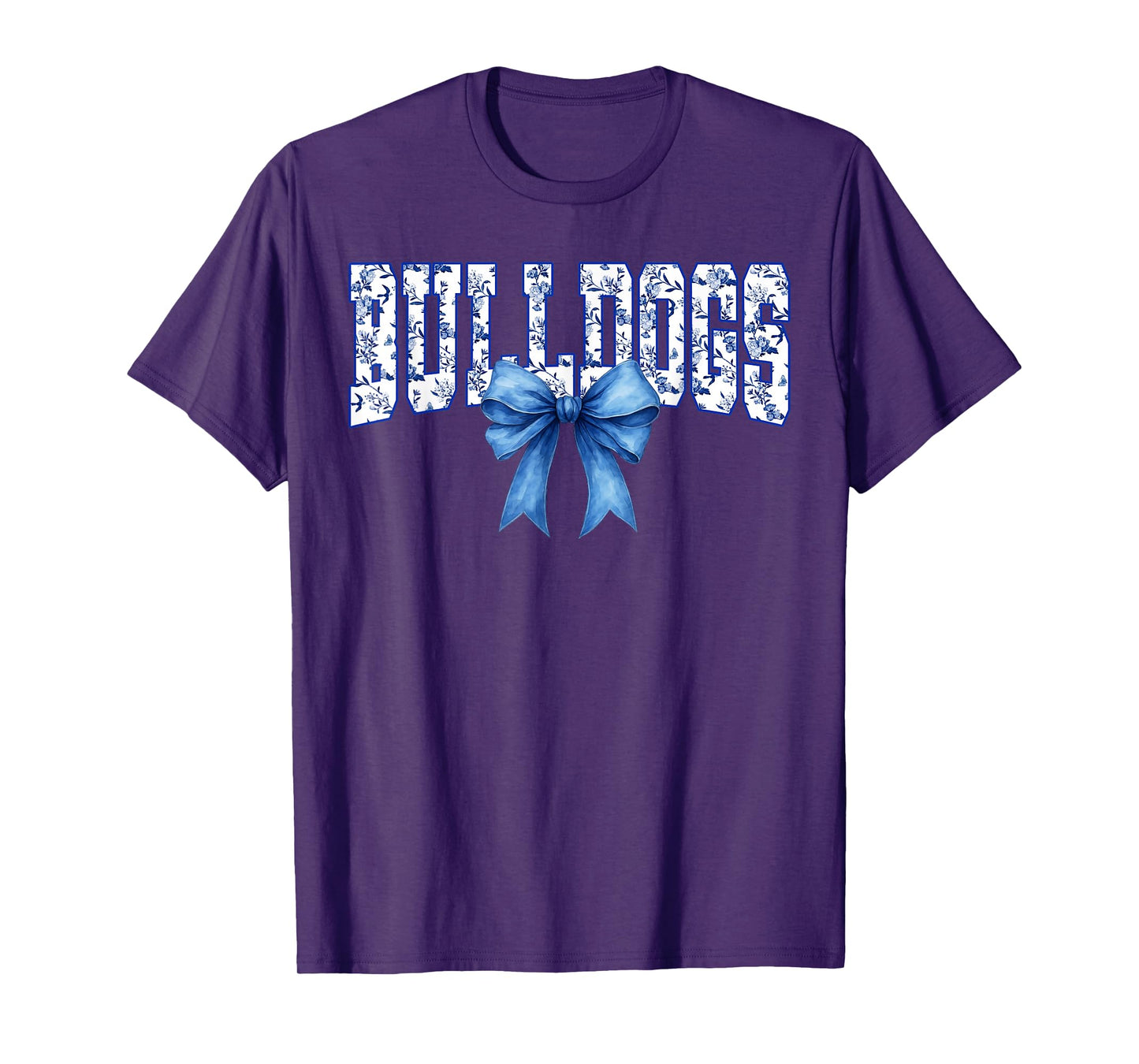 Bulldogs Floral Toile Royal Blue Watercolor Coquette Bow T-Shirt