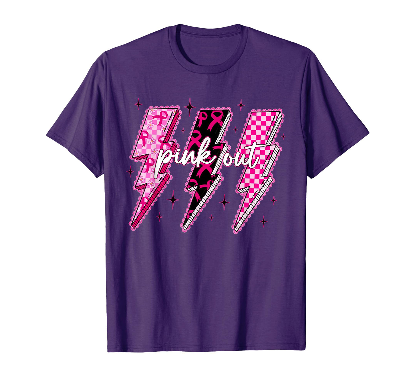 Breast Cancer Awareness Women Pink Out Ribbon Lightning T-Shirt