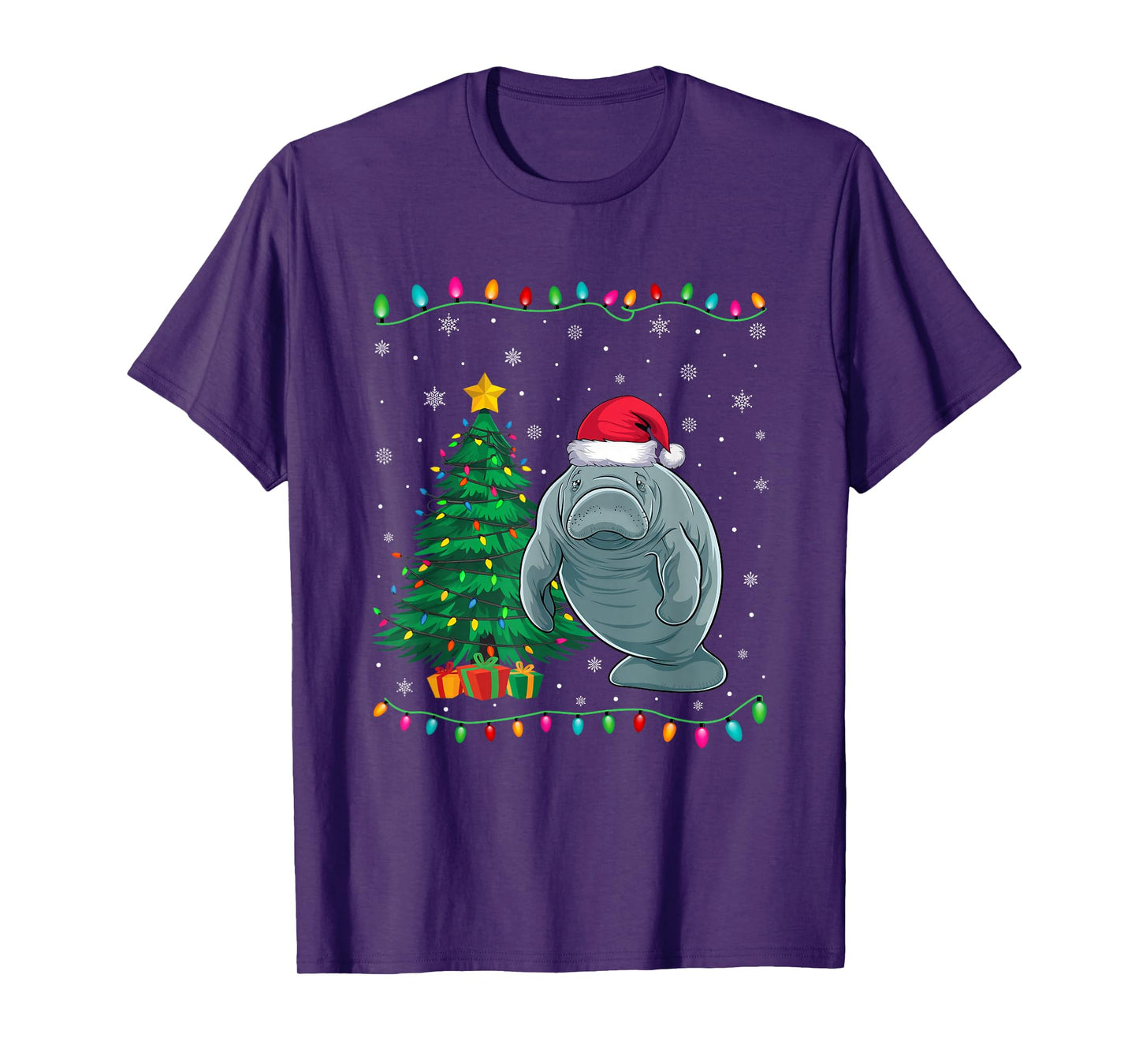 Manatee Santa Hat Men Women Kids Christmas Tree Lights T-Shirt