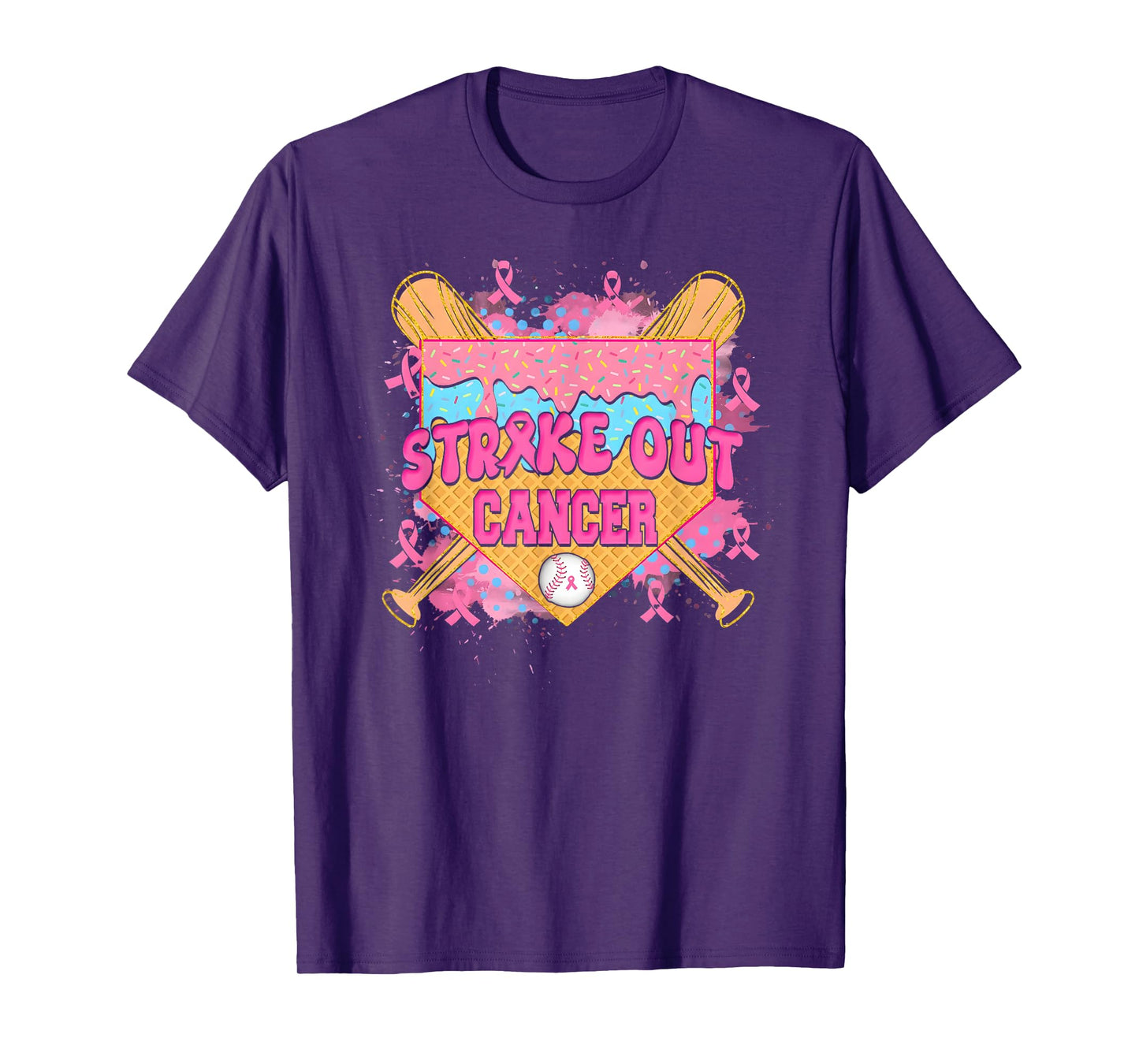 Strike Out Cancer Baseball Ice Cream Drip Breast Cancer T-Shirt