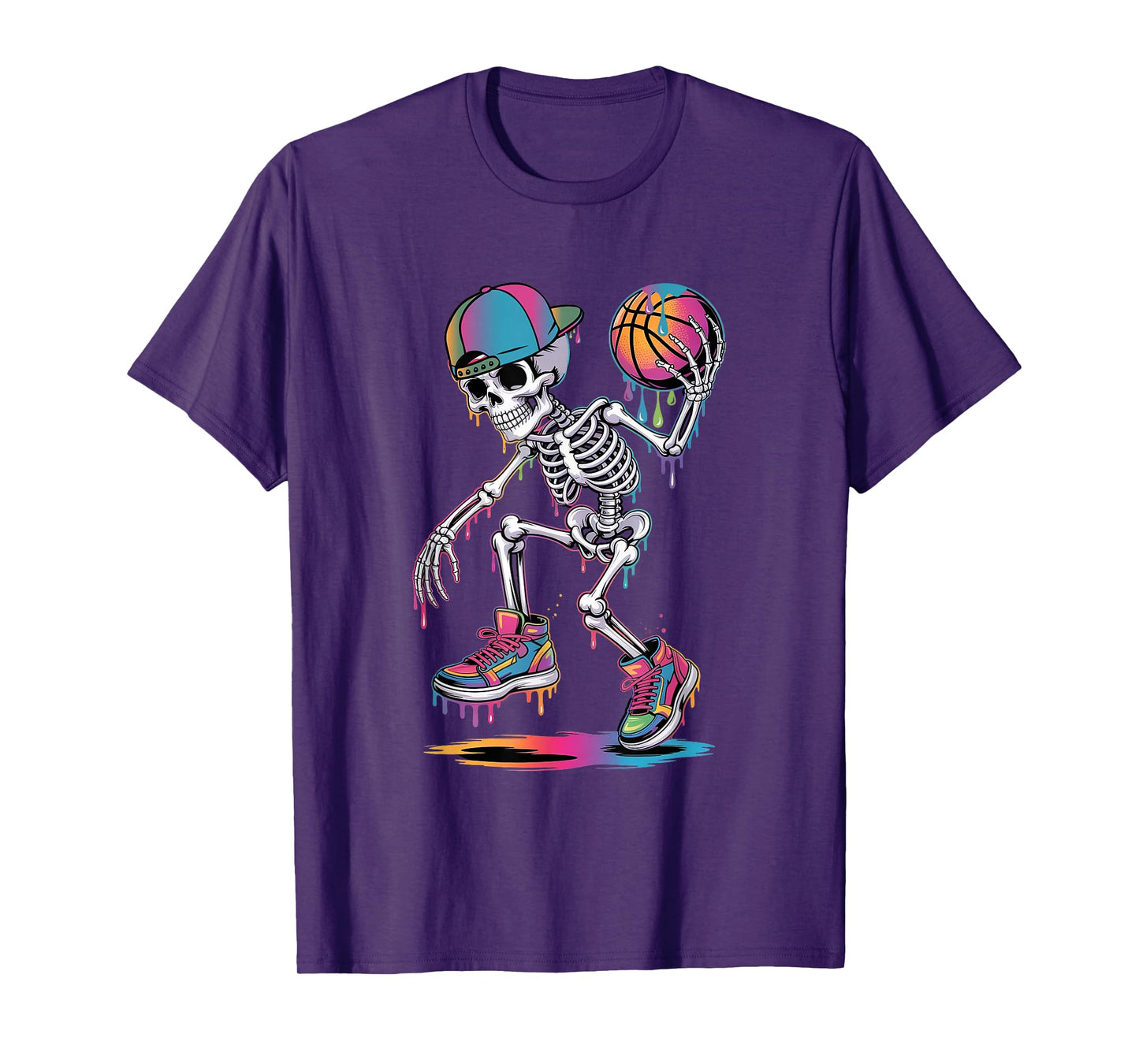 Skeleton Playing Basketball Dripping Boys Youth Halloween T-Shirt