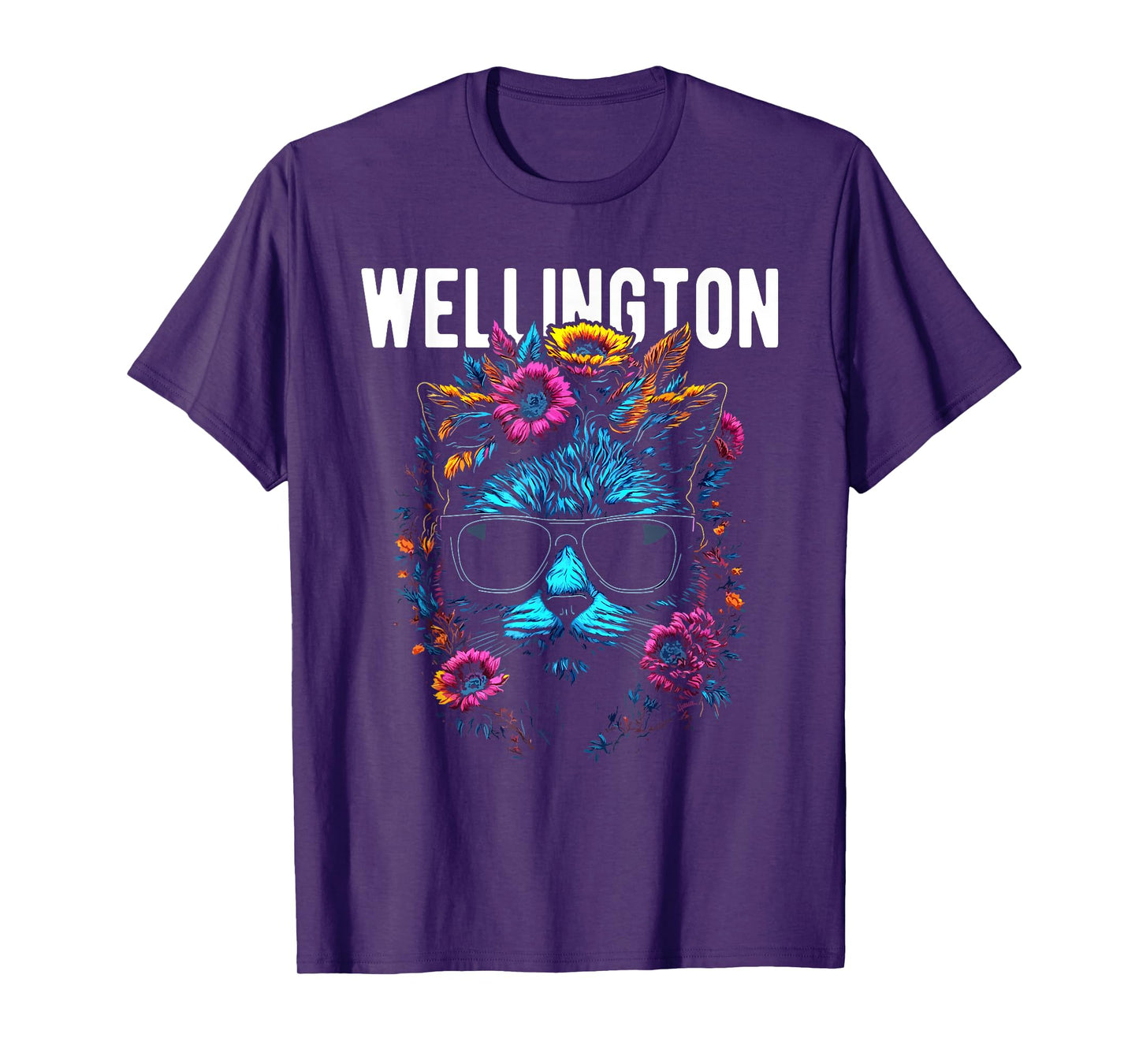 Wellington Cat Wearing Sunglasses and Flowers Design T-Shirt for Men Women Kids
