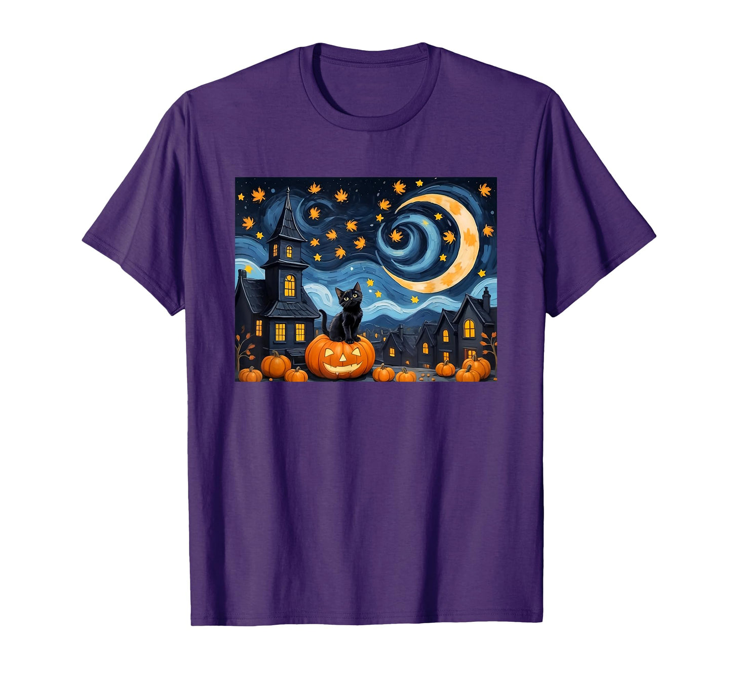 Halloween Van Gogh Starry Night Black Cat Pumpkin Vintage Men Women Kids T-Shirt