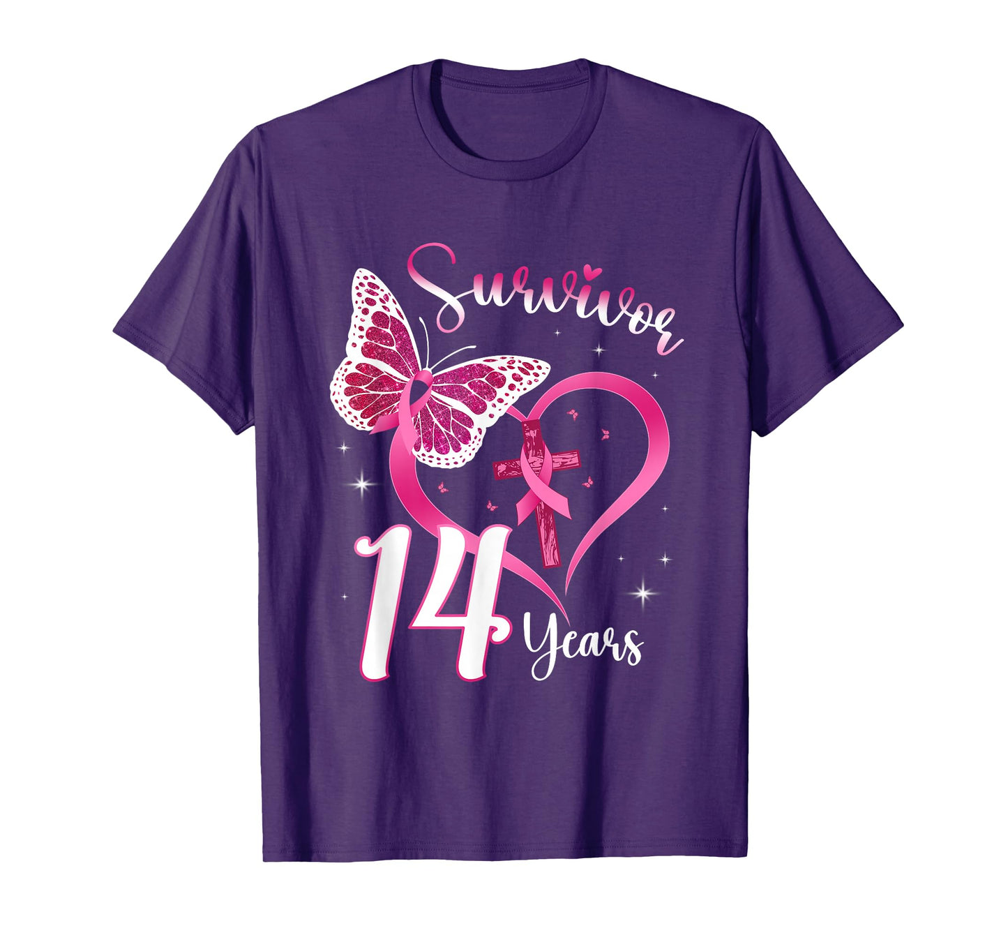 Breast Cancer Survivor Pink Ribbon Butterfly 14 Years Gift T-Shirt