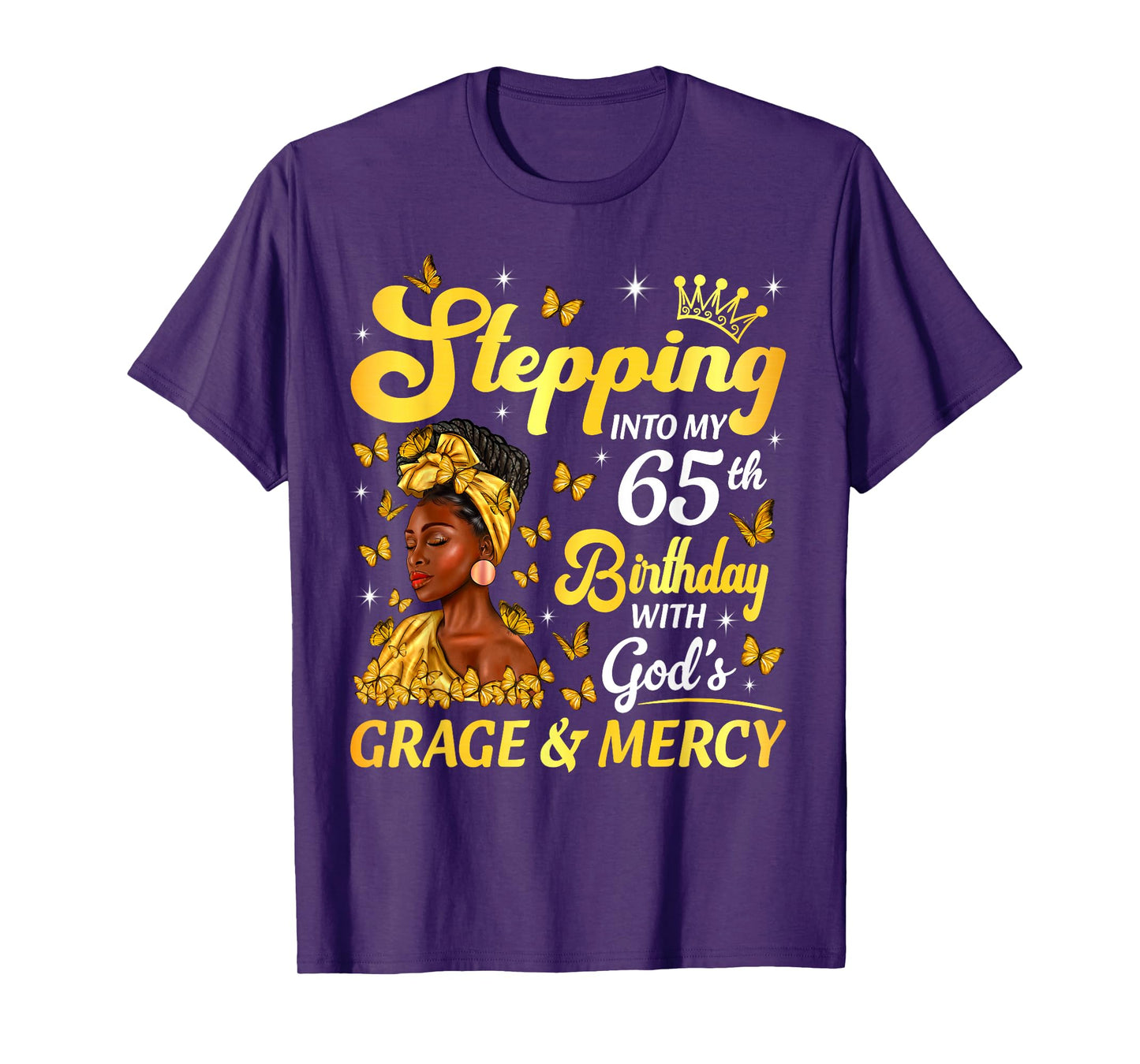 Stepping Into My 65th Birthday Afro Woman Religious Birthday T-Shirt