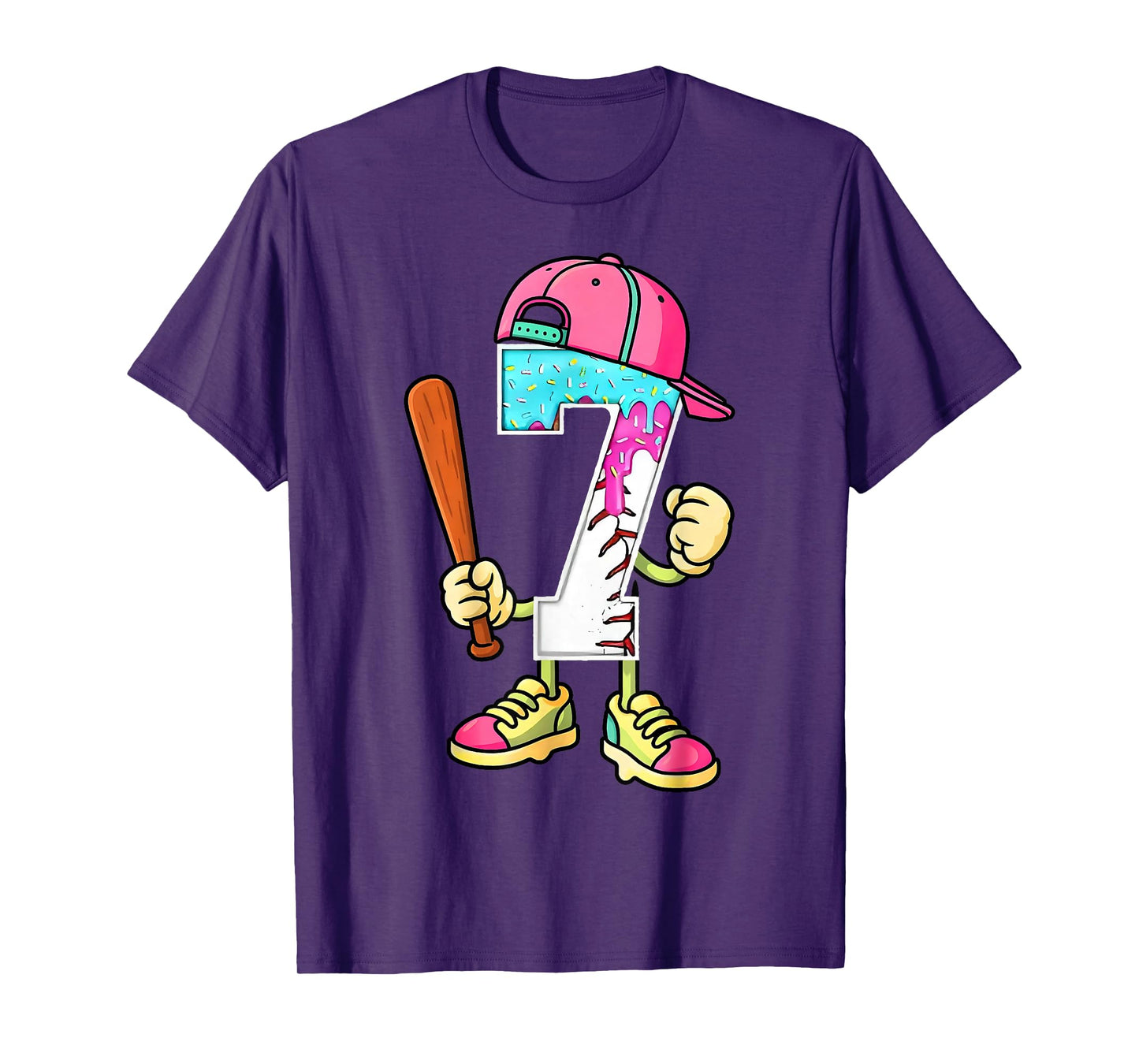 Baseball 7th Birthday Boy Ice Cream Drip 7 Yr Old Birthday T-Shirt