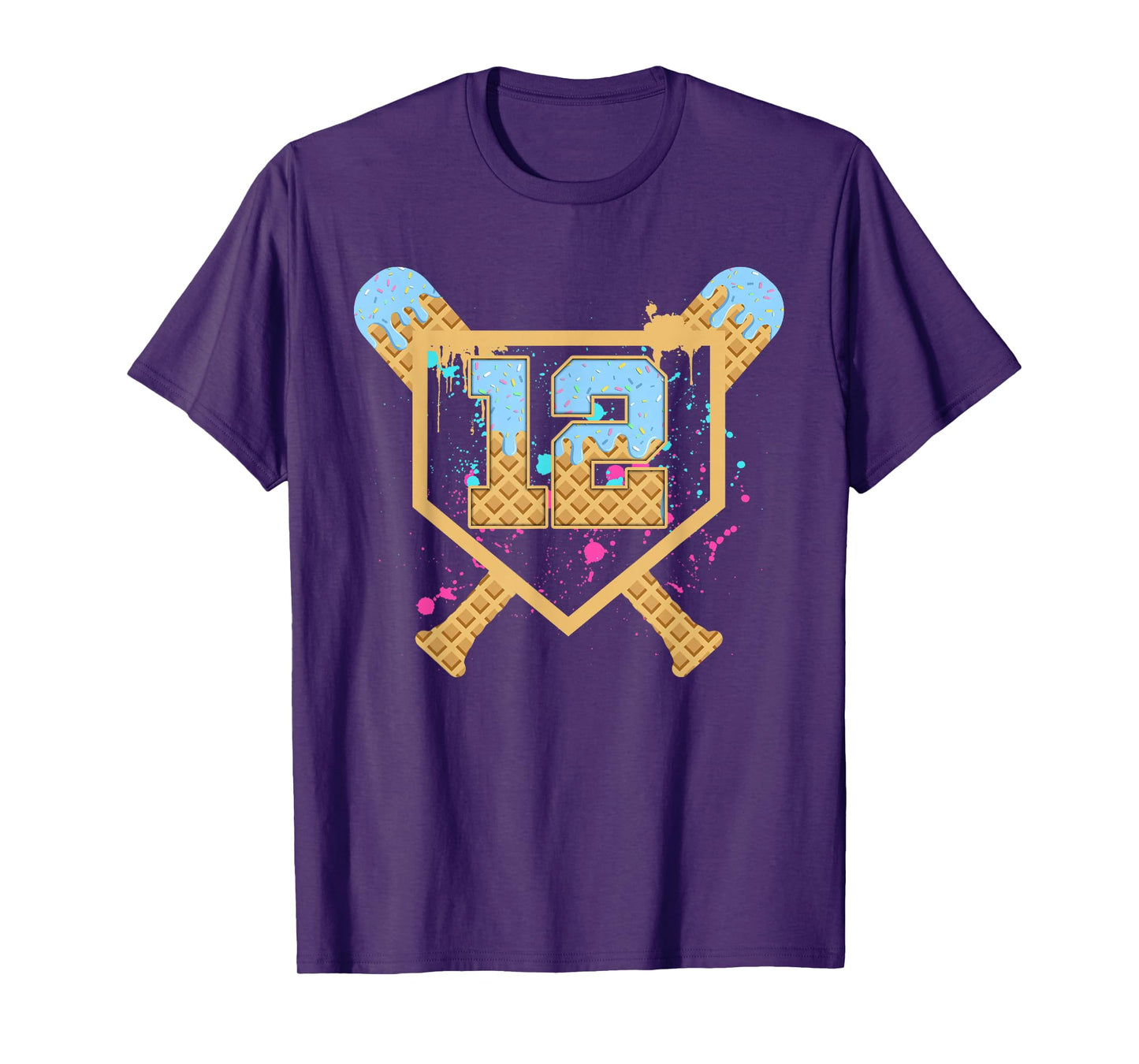 Baseball 12 Year Old Ice Cream Drip 12th Birthday Number 12 T-Shirt