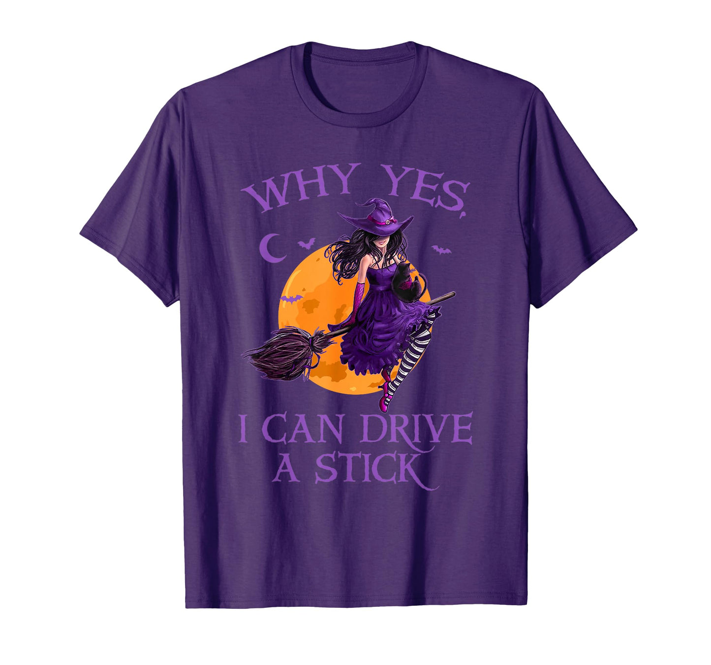 Why Yes I Can Drive A Stick Witch Black Cat Halloween Women T-Shirt