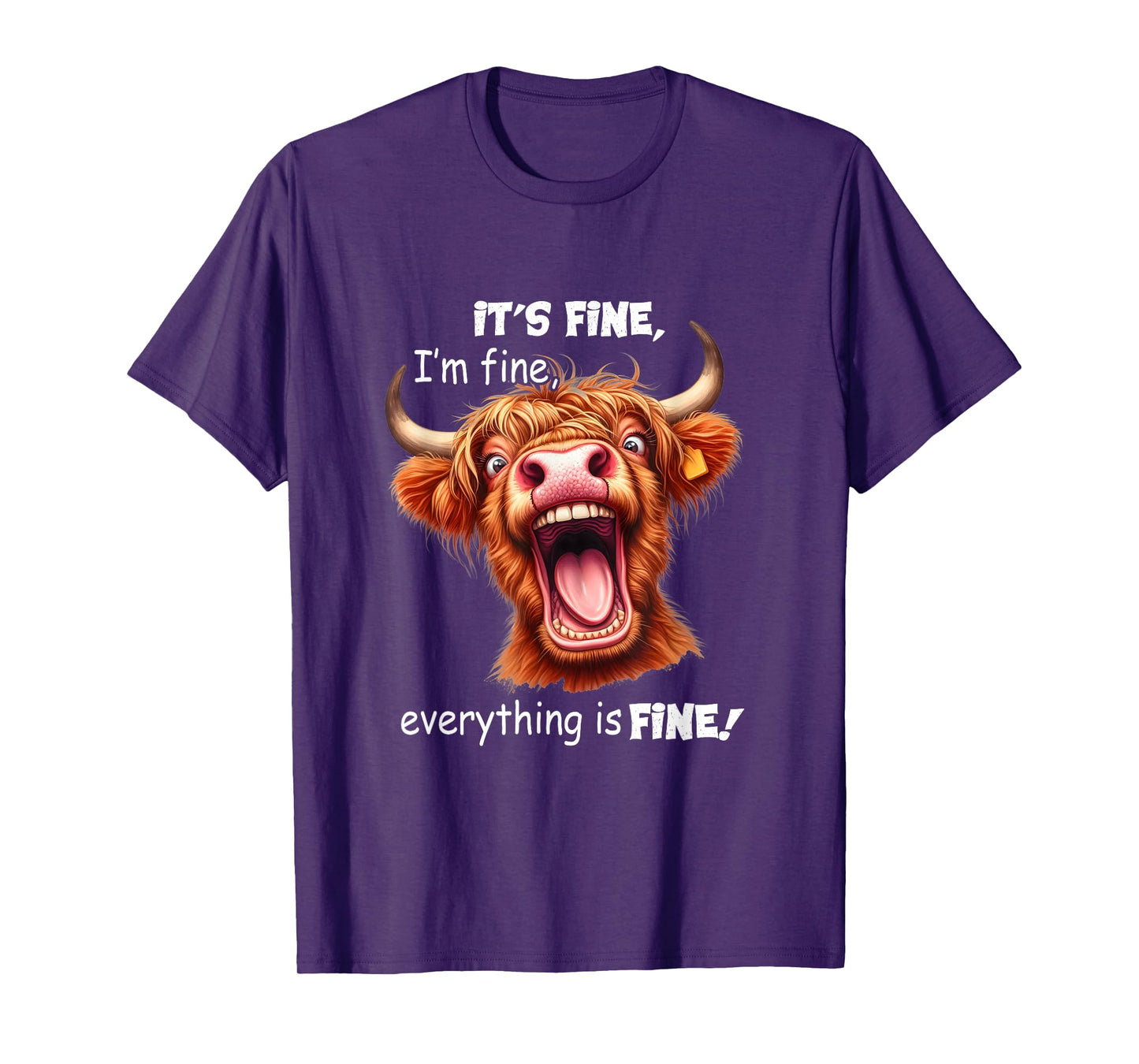 Funny Highland Cow It's Fine I'm Fine Everything Is Fine T-Shirt, Small, Black