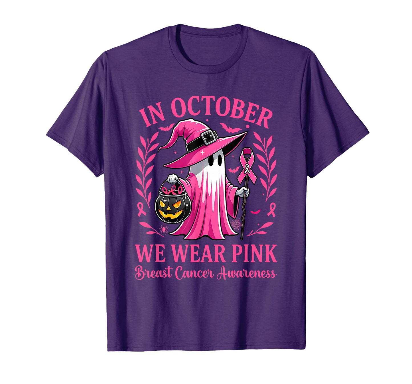 Halloween Pink Ghost Witch Breast Cancer Awareness Women T-Shirt
