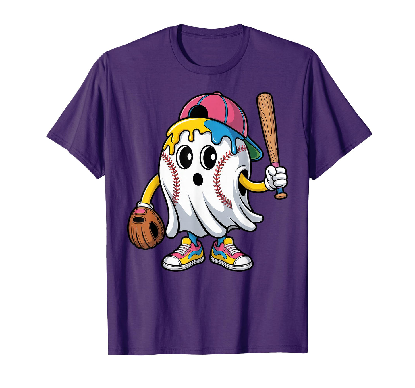 Ice Cream Drip Ghost Baseball Spots Baseball Funny Halloween T-Shirt
