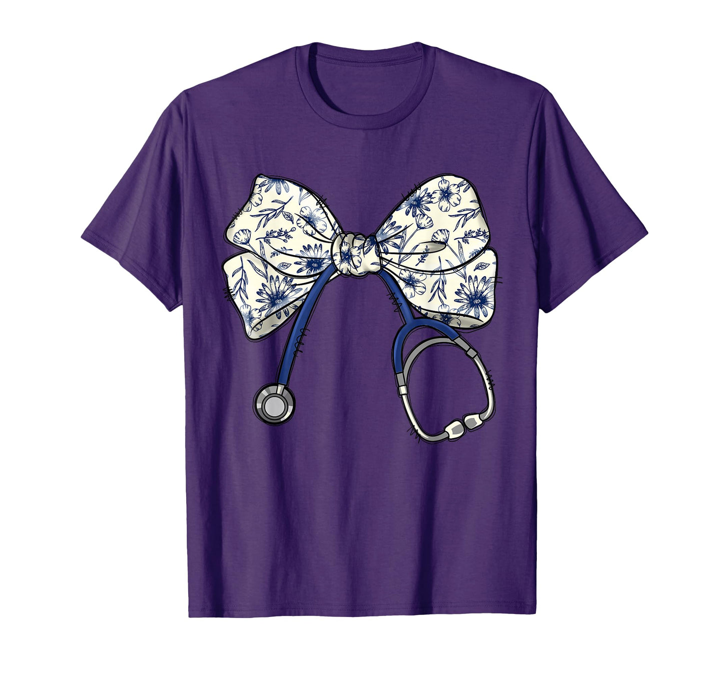 Floral Blue Coquette Bow Nurse Stethoscope Nursing Doctor T-Shirt