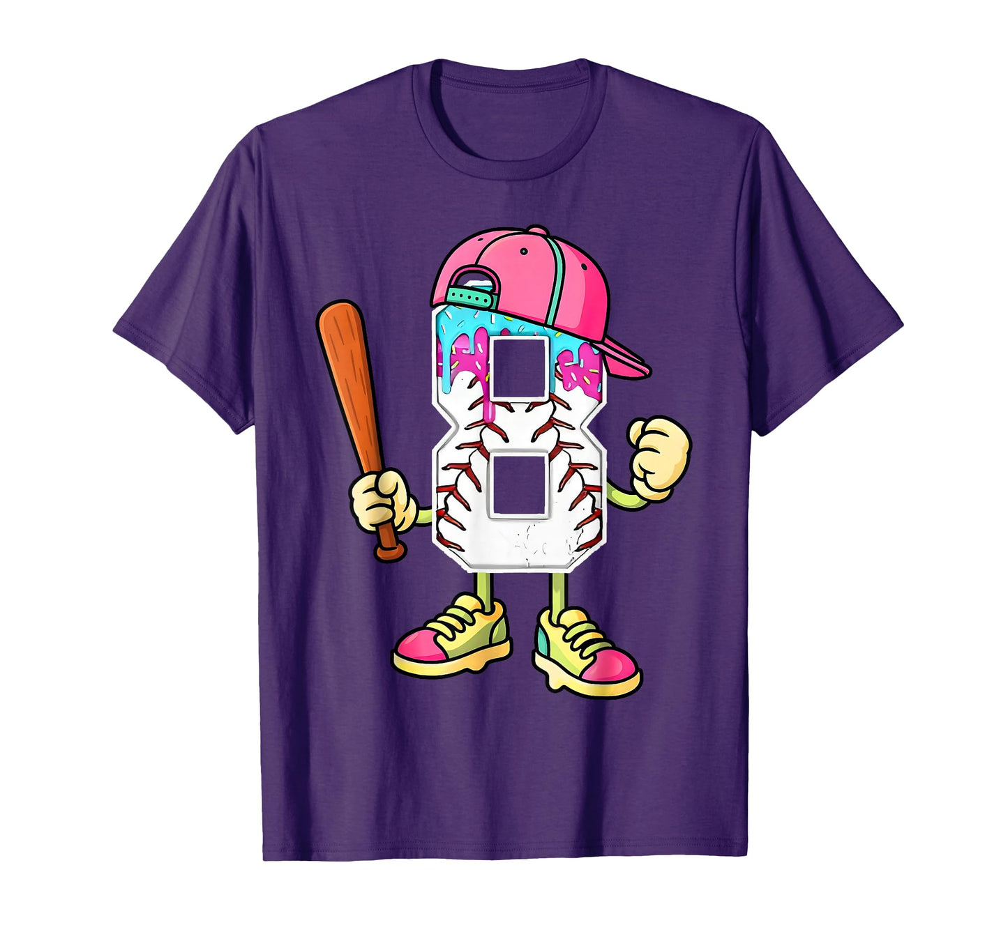 Baseball 8th Birthday Boy Ice Cream Drip 8 Year Old Birthday T-Shirt