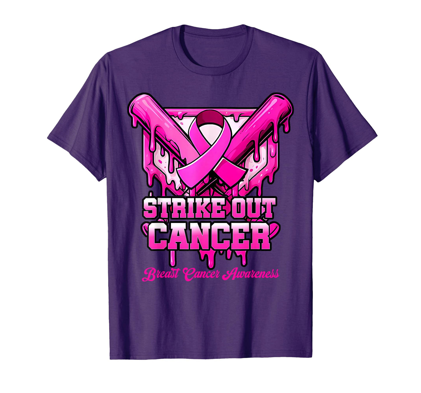 Strike Out Breast Cancer Awareness Baseball Drip Pink Ribbon T-Shirt