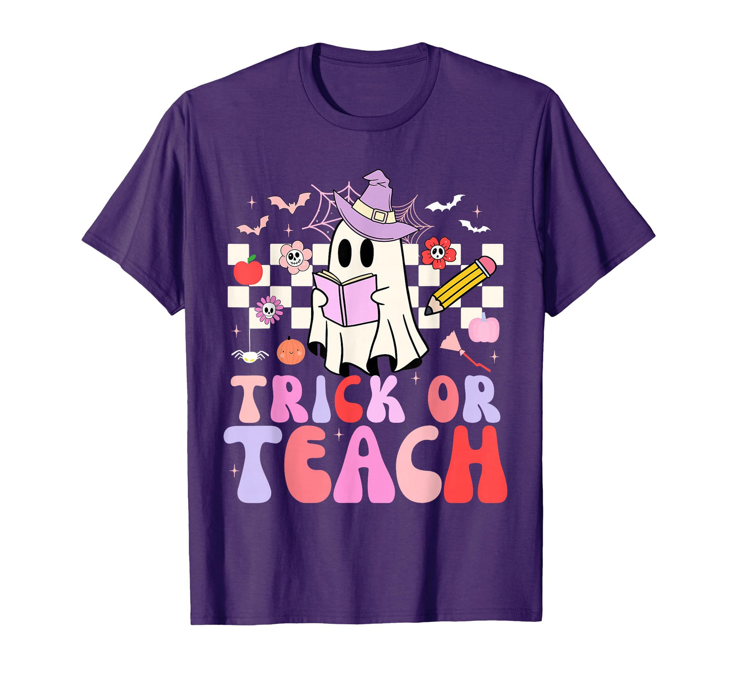 Trick Or Teach Groovy Teacher Halloween Retro Floral Ghost T-Shirt