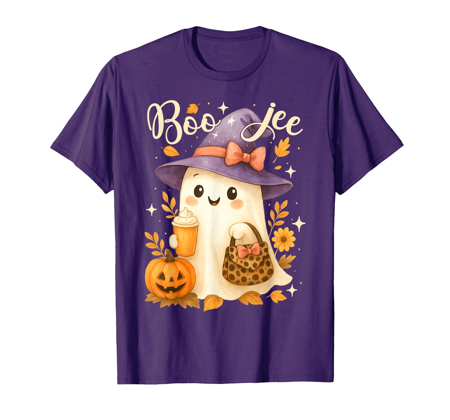 Cute Boo Jee Witch Ghost Halloween Coffee Latte Leopard T-Shirt