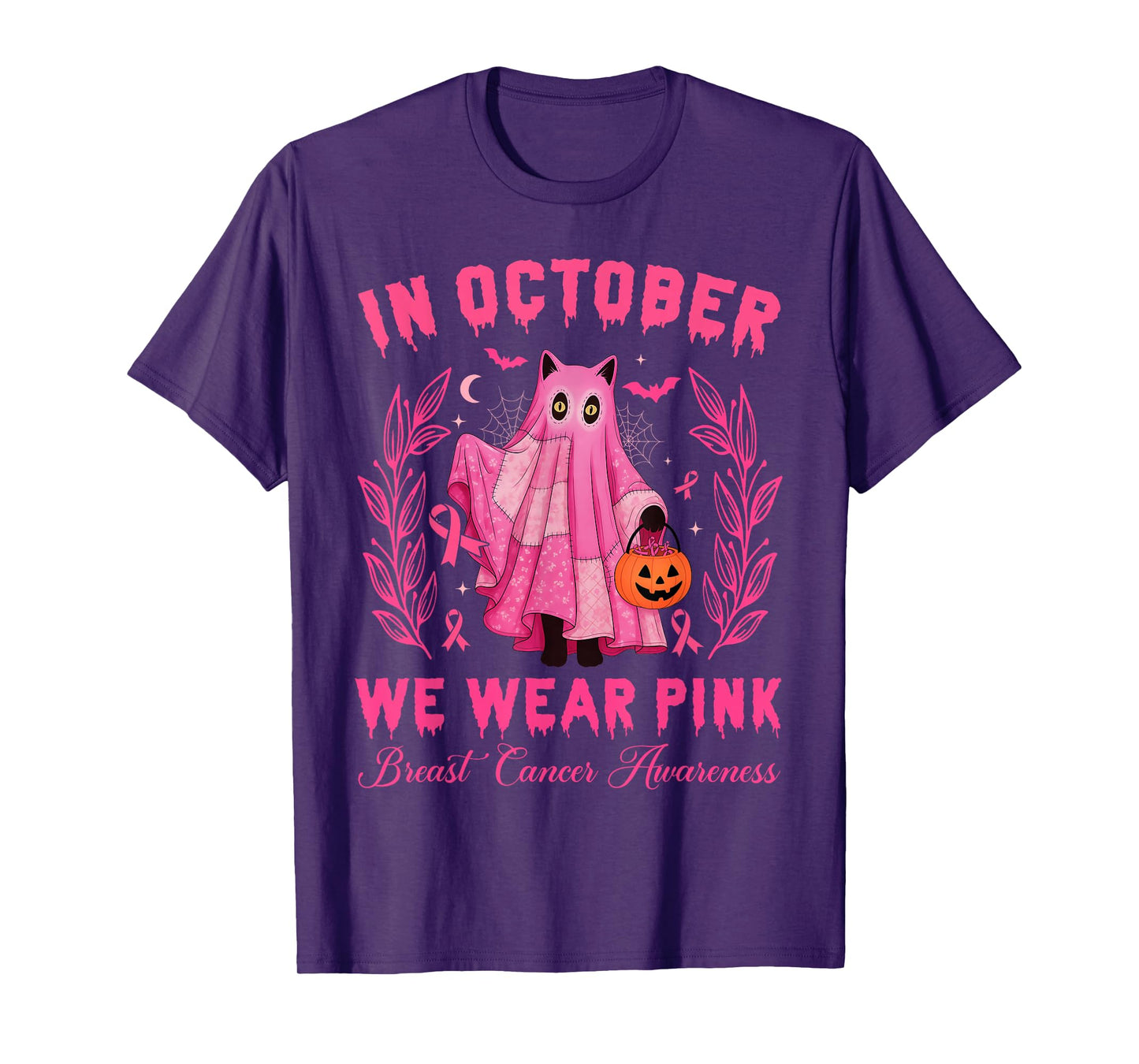 in October, We Wear Pink Halloween Black Cat Cute T-Shirt