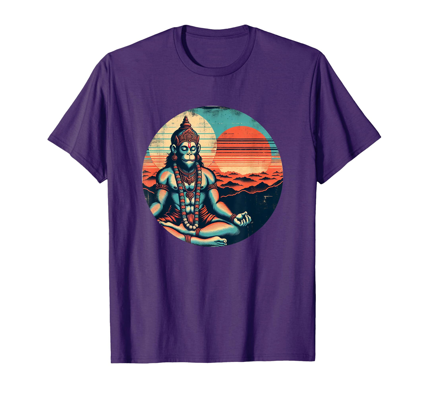 Meditating Hanuman Vintage Sunset Empowering Yoga Meditation T-Shirt
