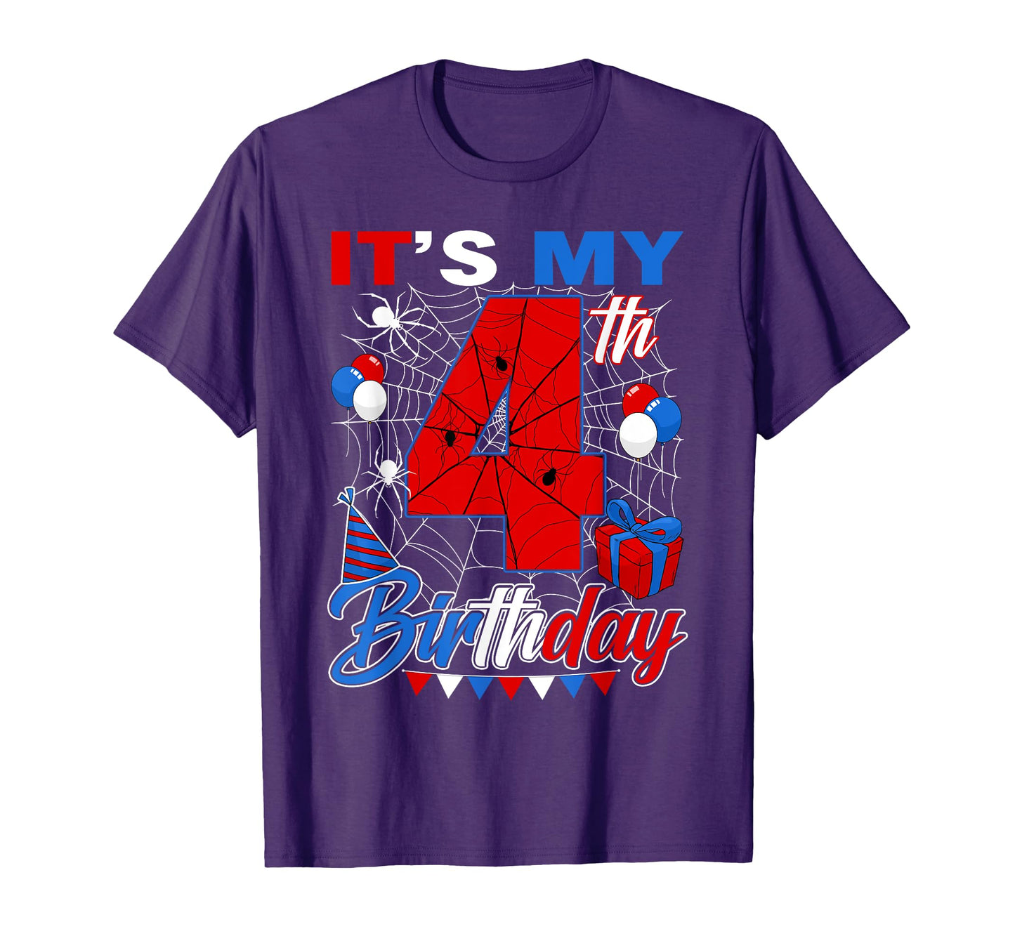 It's My 4th Birthday Spider Theme 4 Year Old Party Boys Kids T-Shirt