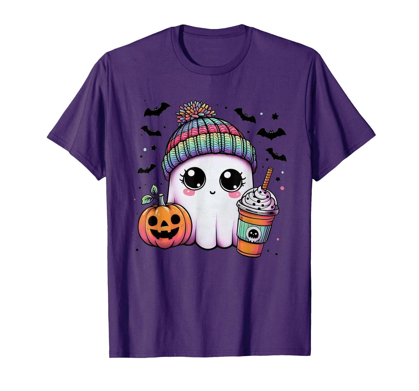 Cute Ghost Drinking Coffee Halloween Ghost Ice Coffee Womens T-Shirt
