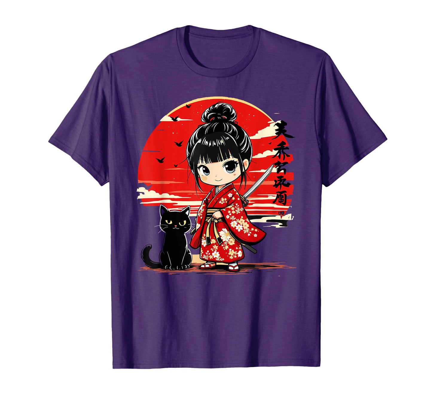 Cute Kawaii Samurai Girl and Cat Japanese Anime Kids Girls T-Shirt