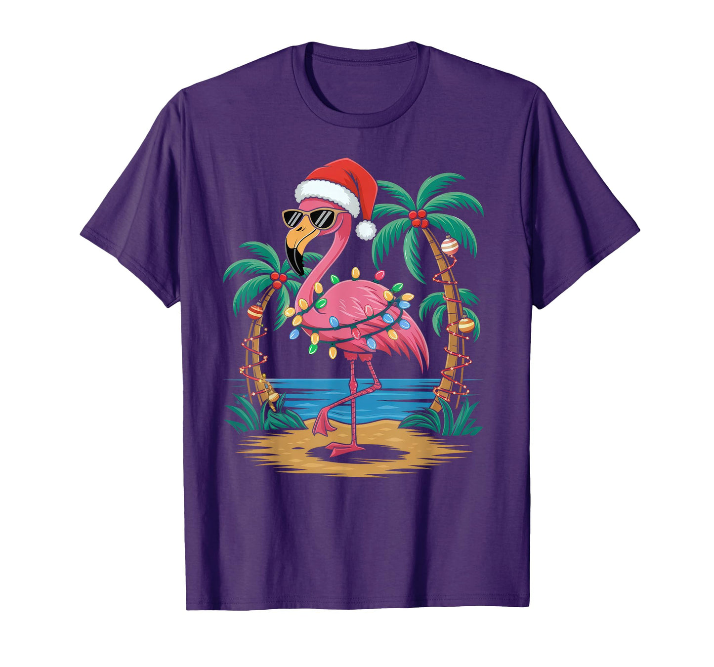 Santa Flamingo Christmas Lights Tropical Palms Tree Beach T-Shirt