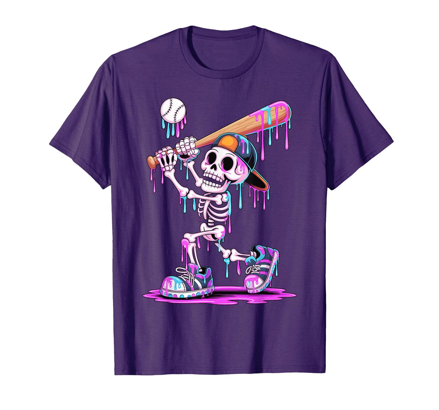 Funny Skeleton Baseball Drip Boys Youth Kids Halloween T-Shirt