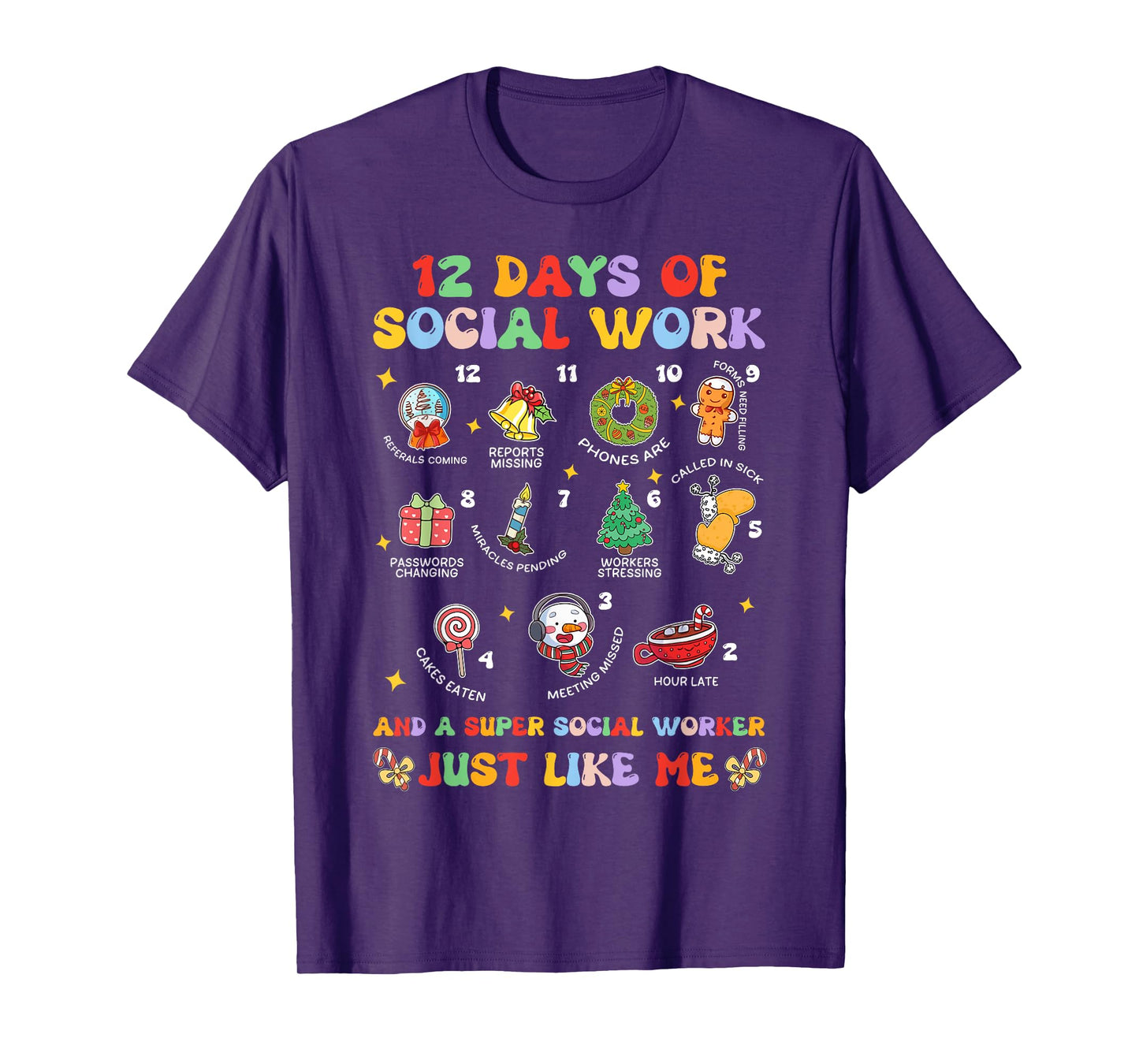 Groovy 12 Days Of Social Work Christmas School Social Worker T-Shirt