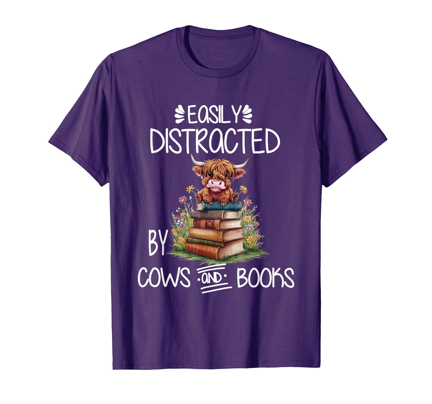Easily Distracted By Cows And Books Highland Cow Book Lover T-Shirt