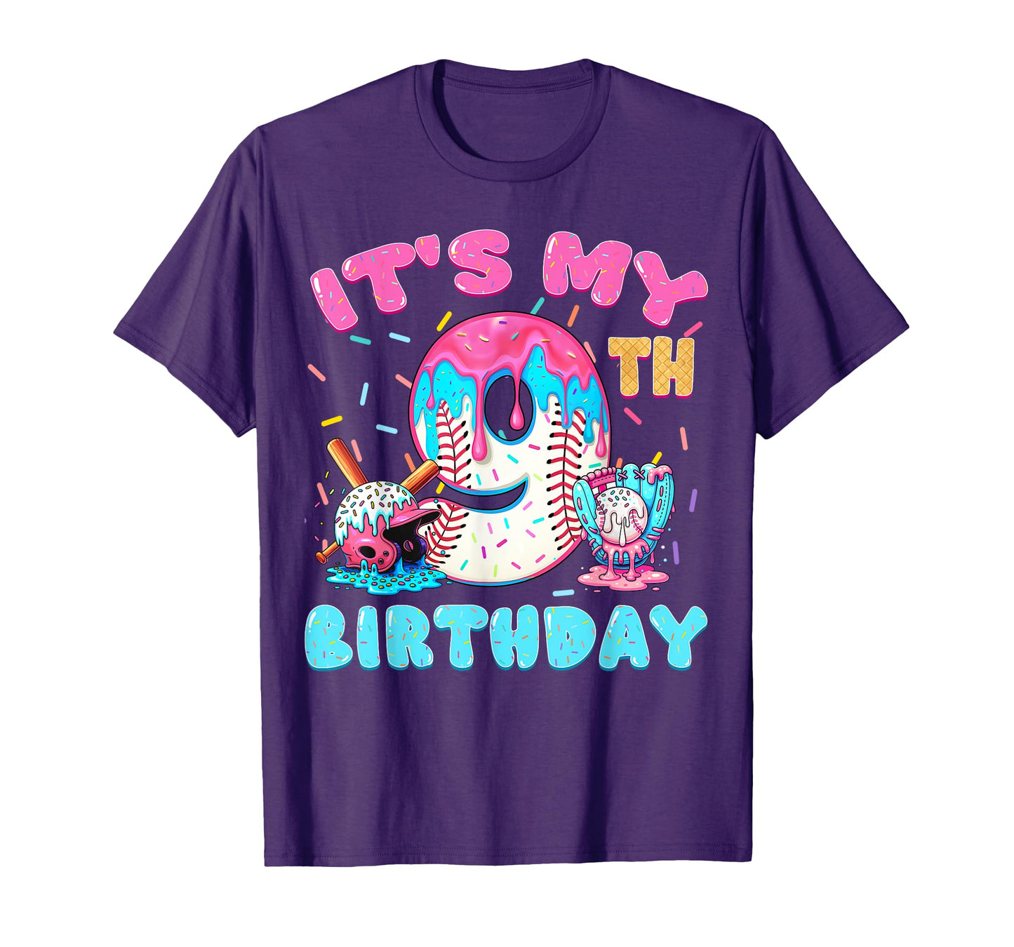 Baseball 9 Year Old Ice Cream Drip 9th Birthday Boy Number 9 T-Shirt