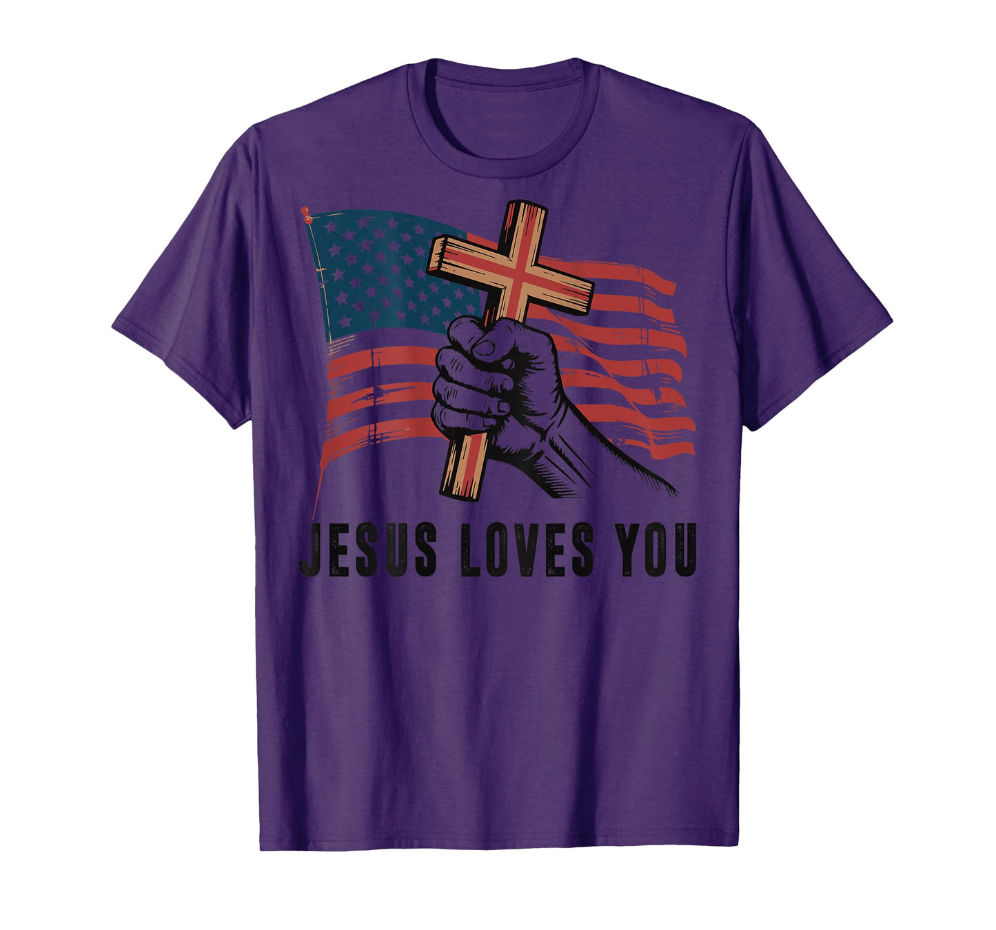Mens Jesus Loves You Christian Patriotic Cross American Flag T-Shirt
