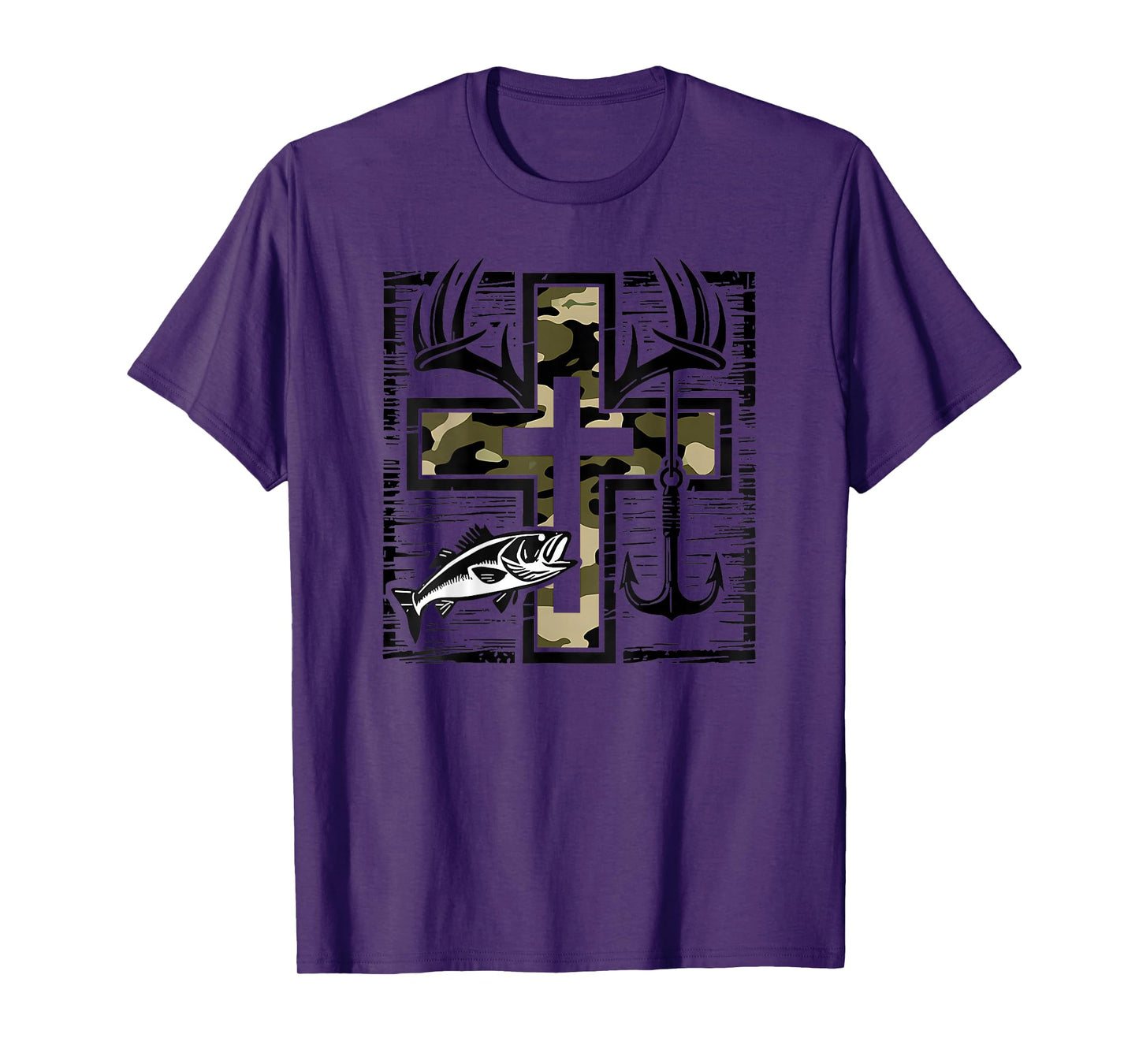 Hunting Fishing Cross Camo Faith Christian Fisherman (Back) T-Shirt