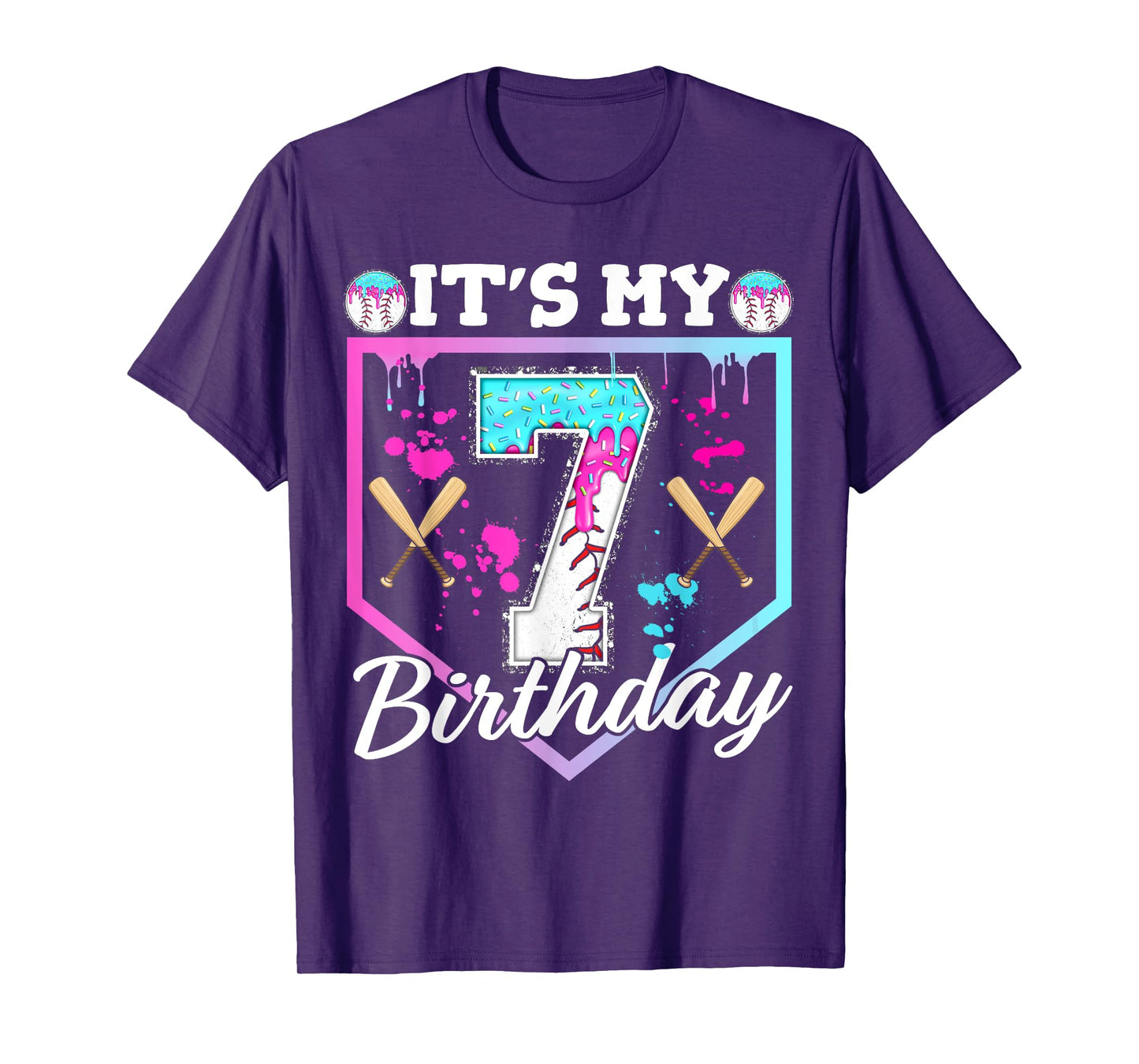 Baseball Drip 7 Year Old Ice Cream 7th Birthday Boy Dripping T-Shirt