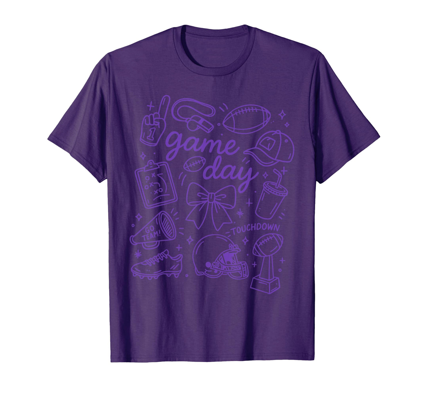 Purple Coquette Bow Cheer Game Day Doodle Touchdown Football T-Shirt